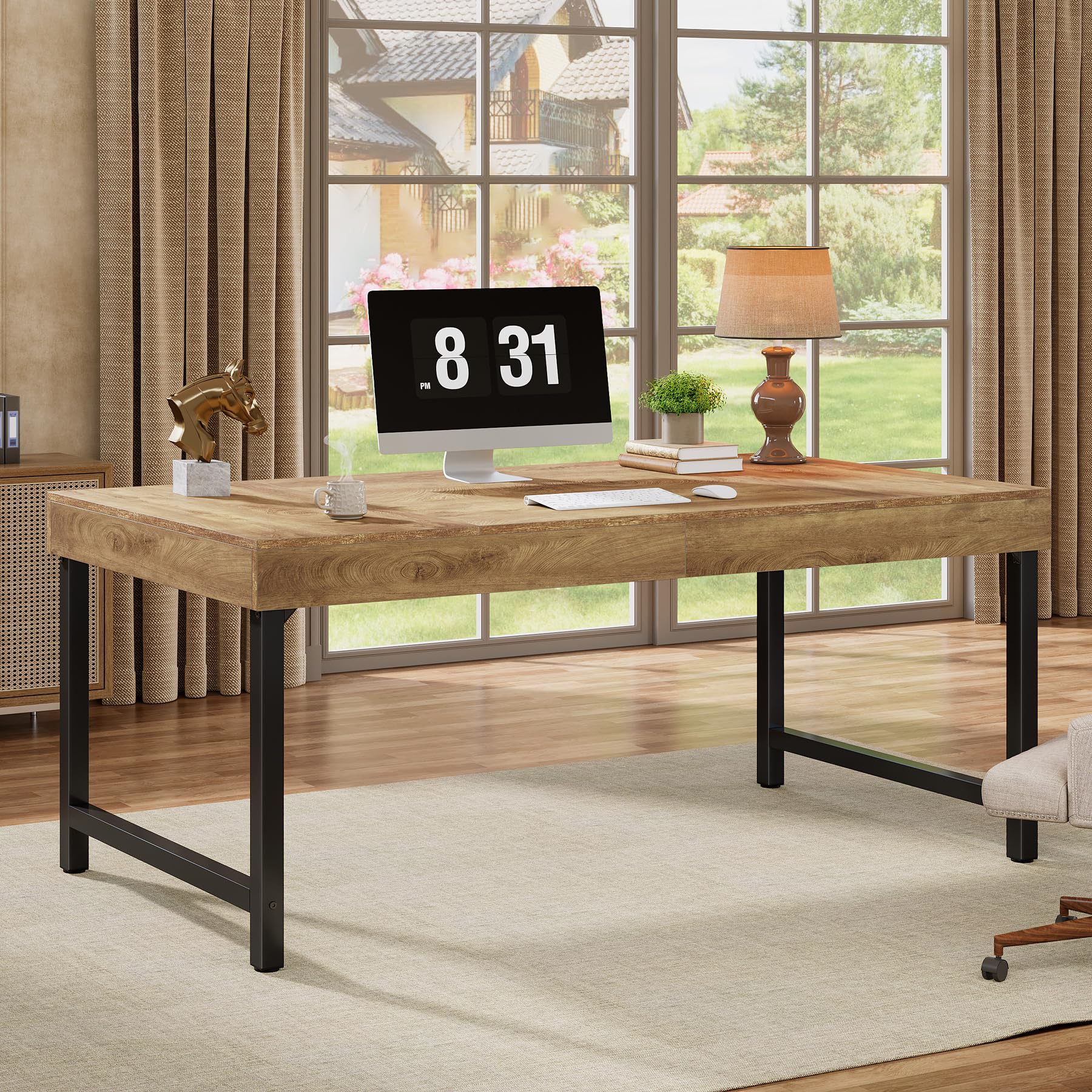 Tribesigns Escritorio de jefe industrial, mesa de ordenador para oficina en casa, mesa rústica simple para ordenador portátil con patas de metal fuertes, escritorio de trabajo, espacio de trabajo de