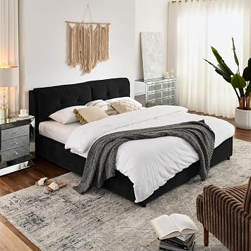 King Size Lift Up Storage Bed Frame with Upholstered Headboard, Metal Platform Bed with Hydraulic Storage, Wood Slats Support No Box Spring Needed Black, King