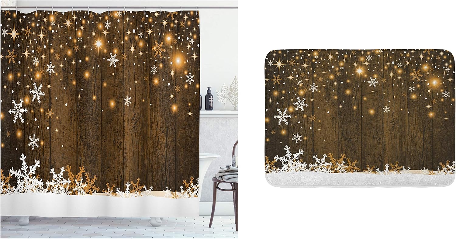Ambesonne Christmas Shower Curtain & Bath Mat Bundle