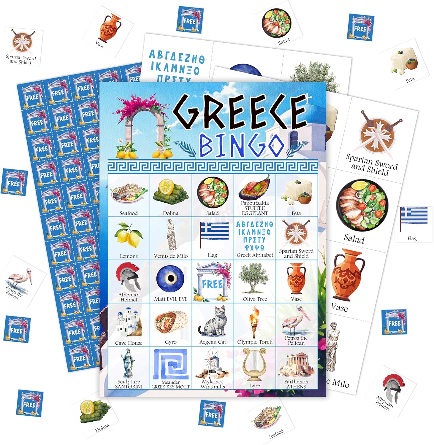 Greek Bingo Games, Greek History Travel Trip Bingo Cards, Retirement Journey Trip Party Bingo, Greek Theme Party Game for Adults Family, Christmas Party Activities, 24 Bingo Sets, A009