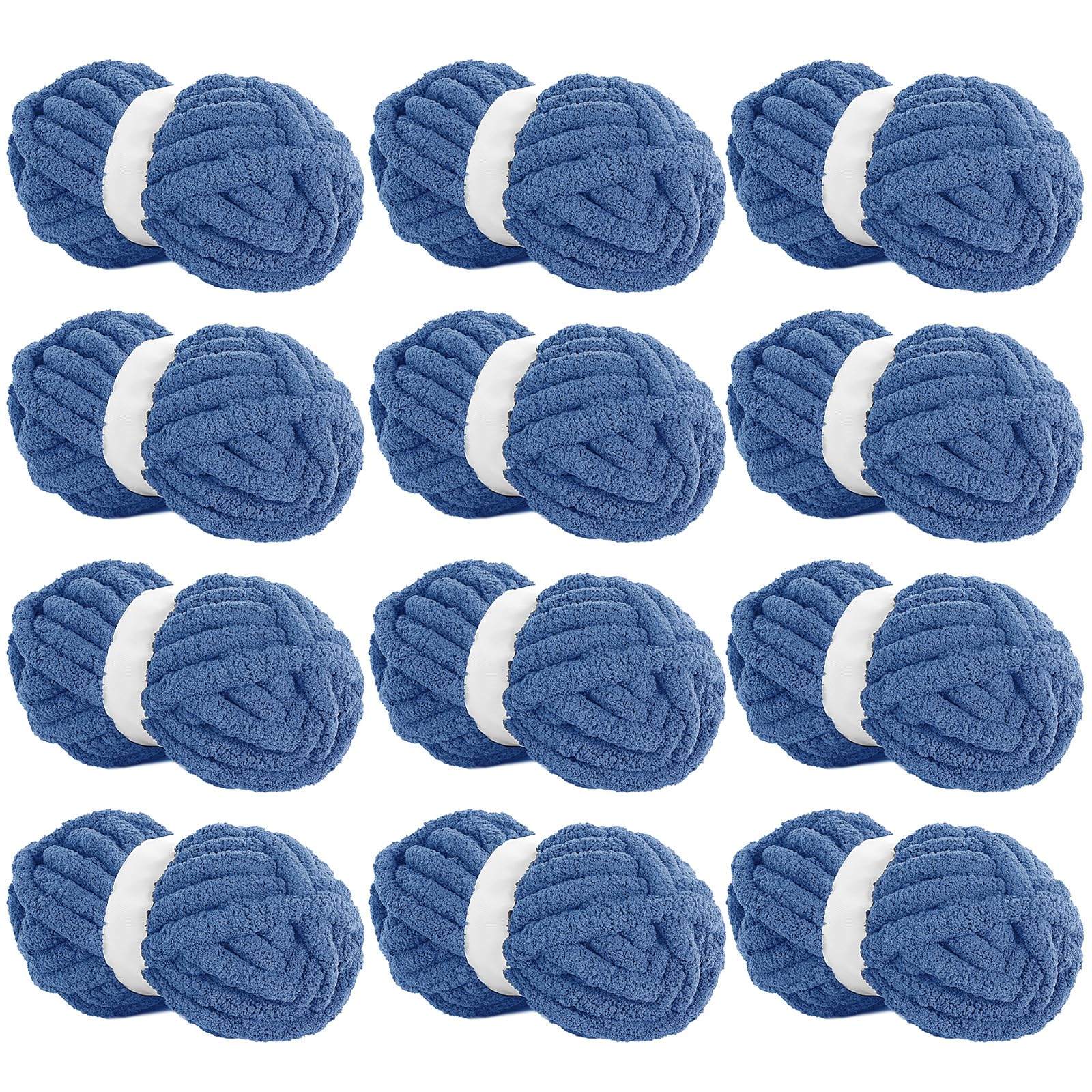 Hombys Country Blue Chunky Chenille Yarn for Crocheting & Knitting, Super Bulky, Soft Plush, 12 Jumbo Packs (27 yds, 8 oz Each)