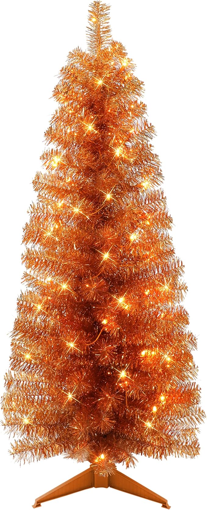 4.5 ft Prelit Orange Tinsel Tree, 160 Tips, 70 UL Clear