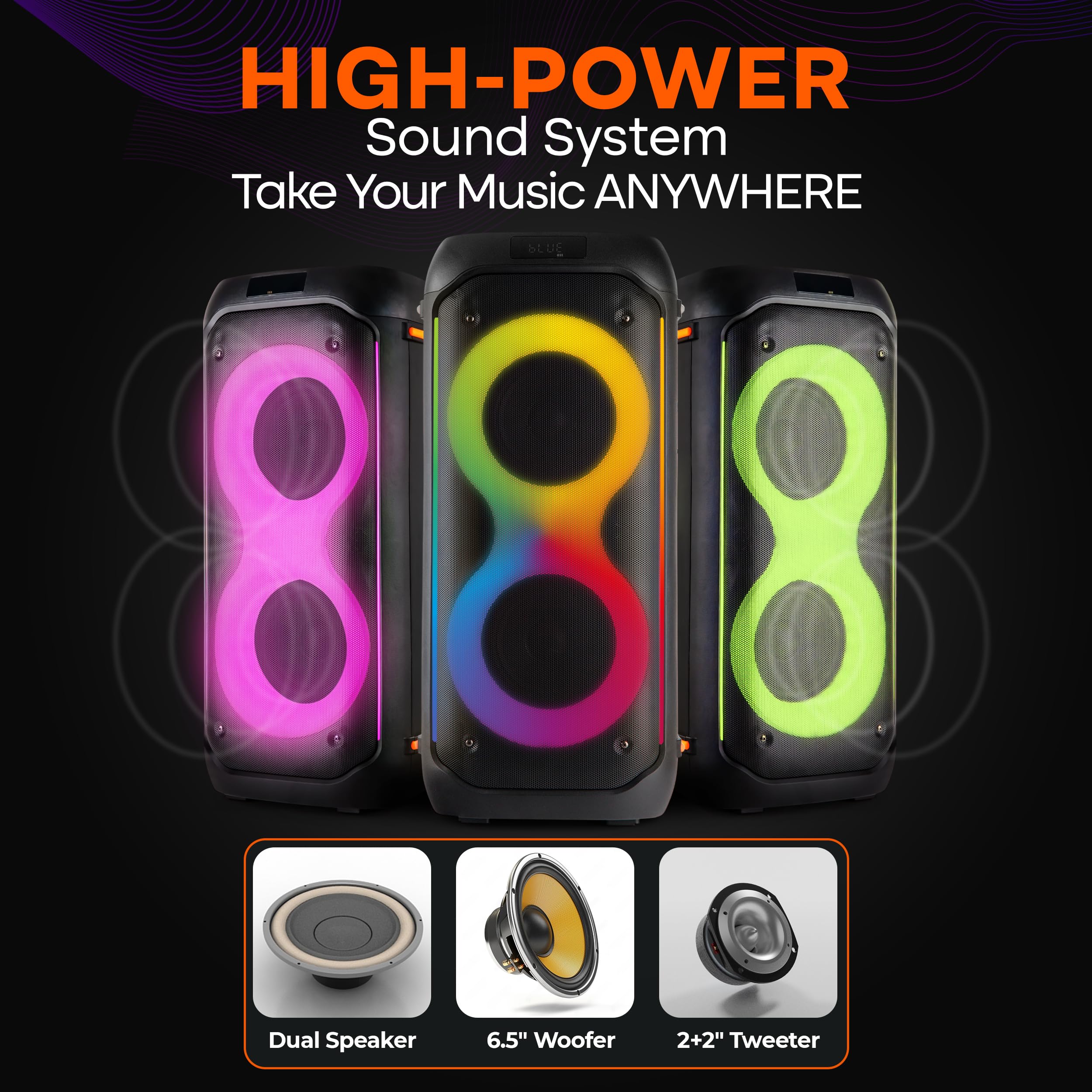 Pyle Bluetooth-Party-Lautsprecher 160W, Karaoke-System mit 2X 6,5", Mikrofon, Akku, USB/SD/FM/TWS, Partylichter & Tasche, 30x30x67 cm