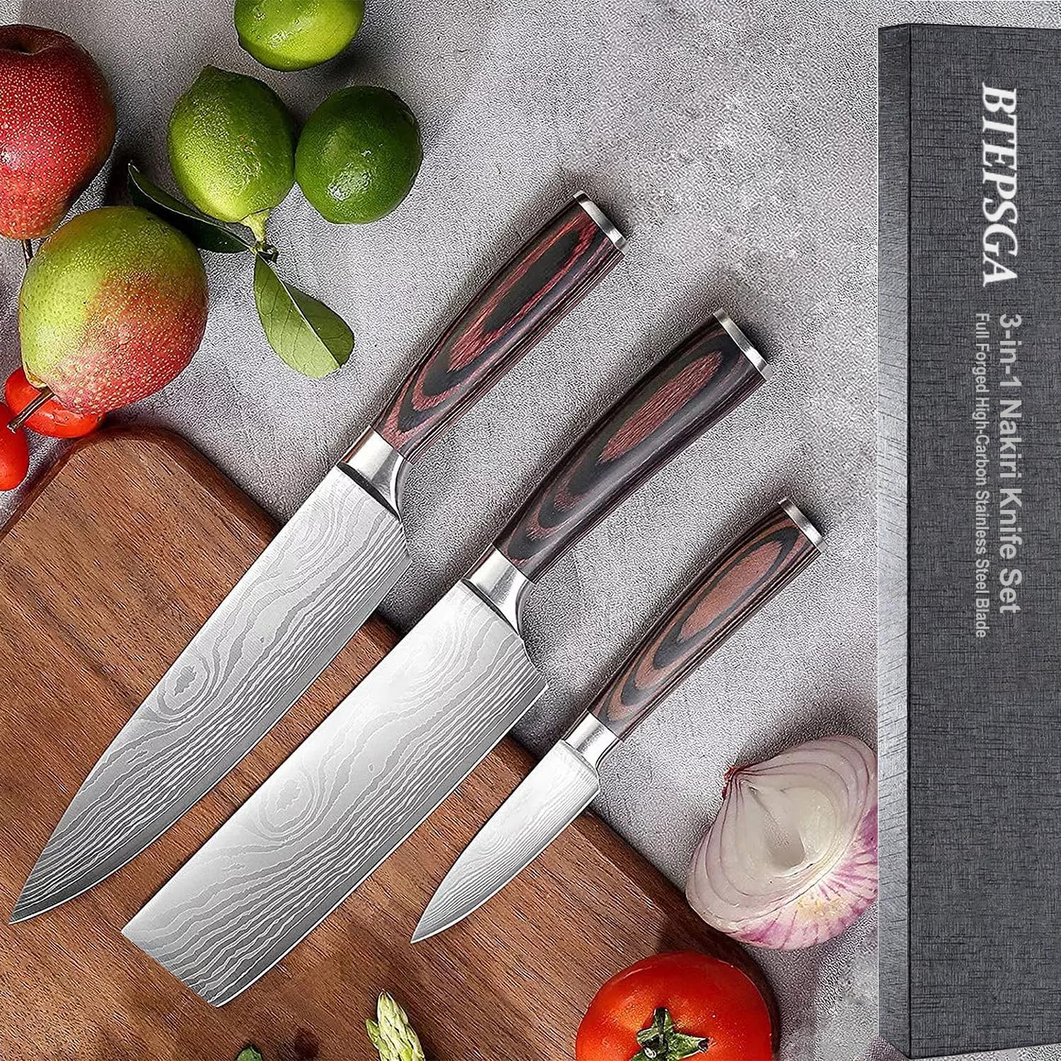 3 PCS Japanese Nakiri Knife Set - Professional High Carbon Stainless Steel Vegetable Cleavers, Ultra Sharp Razor Edge Kitchen Knife with Ergonomic Handle & Gift Box, Multi-purpose Asian Chef Knives