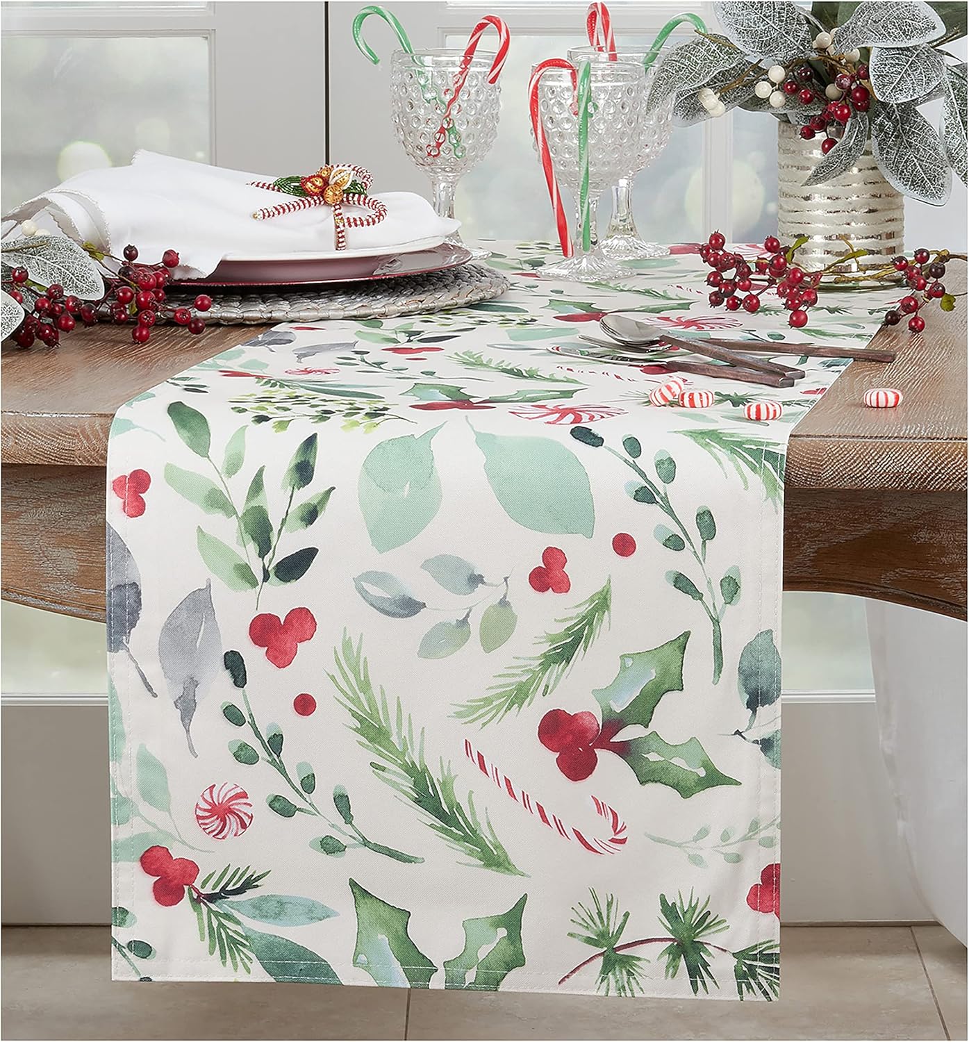 Polyester Green and Red Christmas Foliage Candy Canes Table Runner 16" X 54"