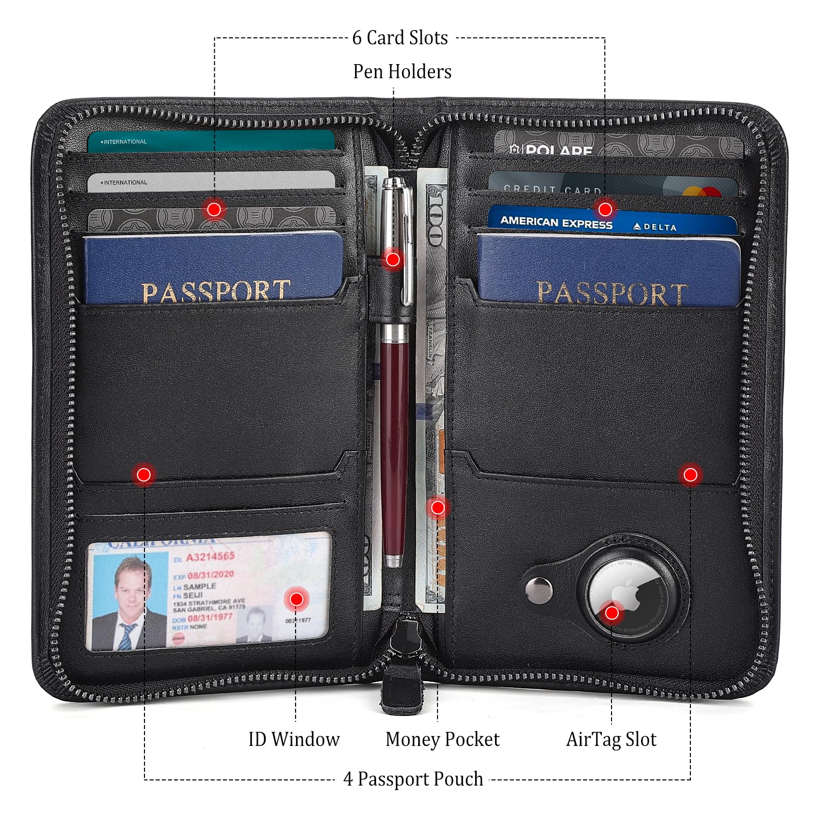 Polare Reisepasshülle aus Vollnarbenleder für Herren, RFID-blockierend, Reisebrieftasche für 4 Reisepässe, Schwarz mit AirTag-Schlitz, Retro