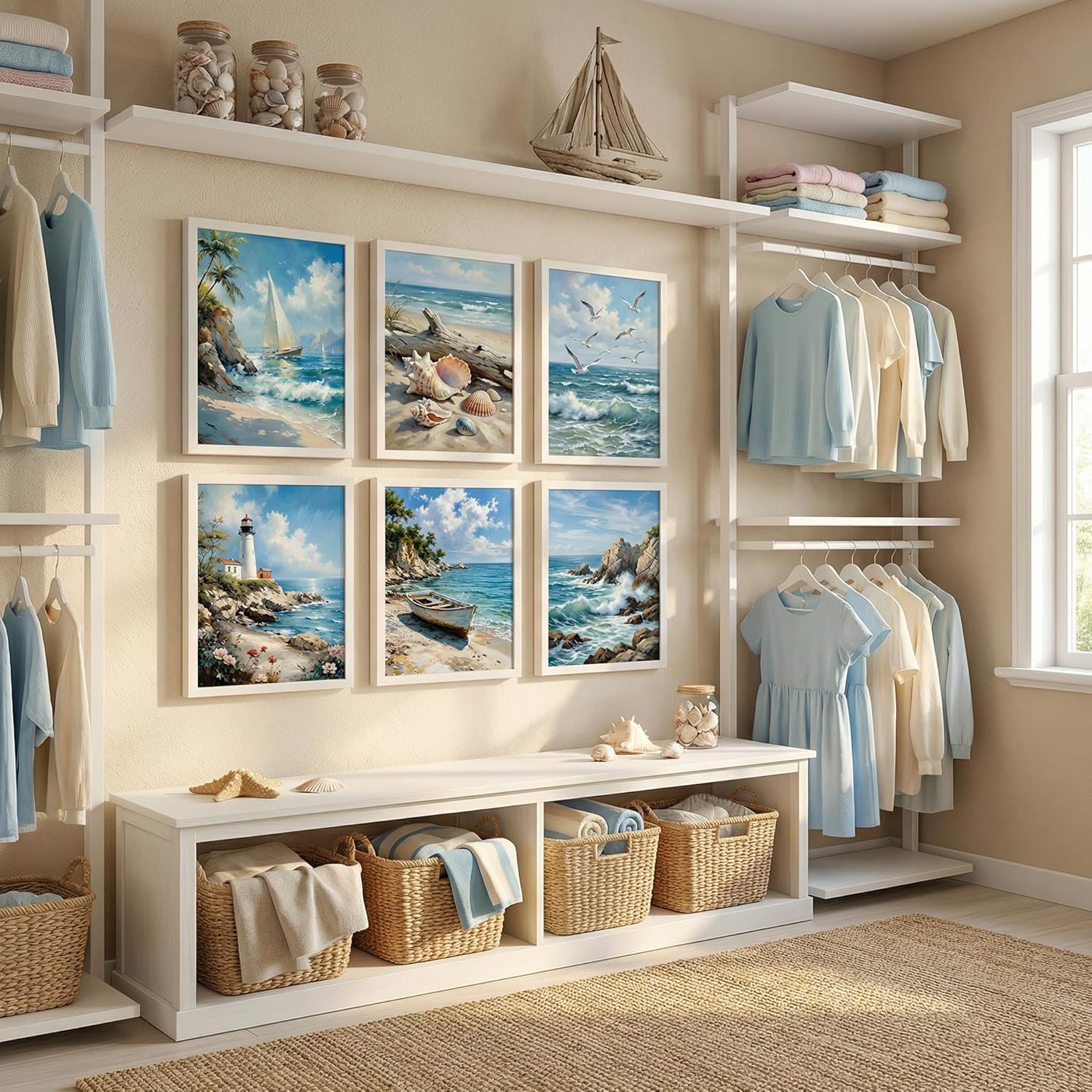 6PCS Coastal Canvas Wall Art Ocean Beach Scenery Posters Prints Lighthouse Sailboat Seashells Seagulls Pictures Wall Decor for Bathroom Bedroom Living Room Unframed