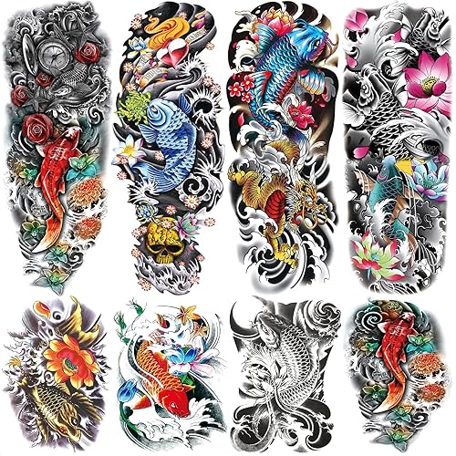 Funda de tatuaje temporal de pez realista para piernas de mujer, 4 hojas de color completo de brazo de pez de flores de pez, manga de tatuaje falso