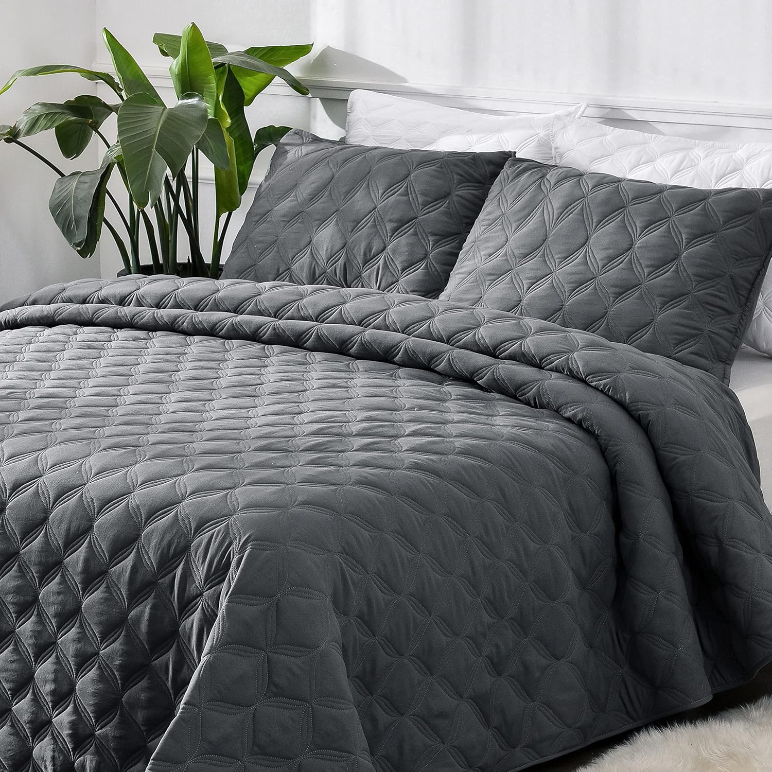 Litanika Oversized King Bedspreads 128x120 Quilt Set 3 Piece Grey Lightweight Comforter