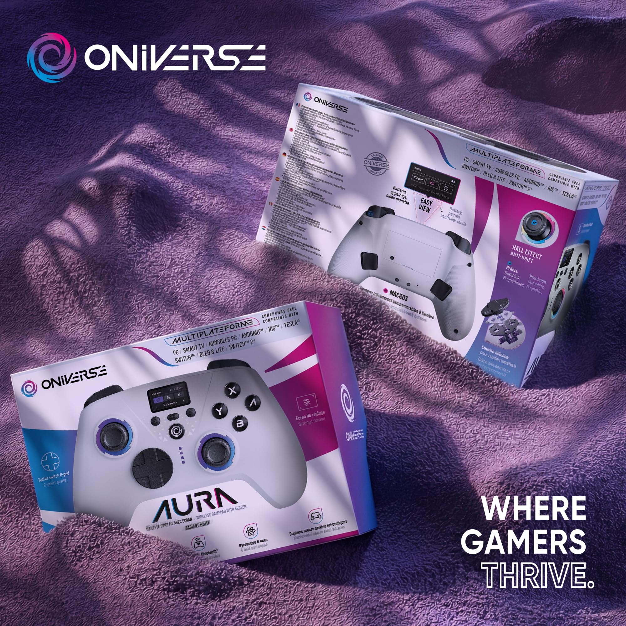 Oniverse Manette sans fil pour Switch 2/Switch/OLED/Lite/PC/Mobile, Écran intégré, Joysticks et gâchettes Hall Effect, 11h, Tactile switch D-pad, Boutons macro arrière mécaniques - Aura (White)