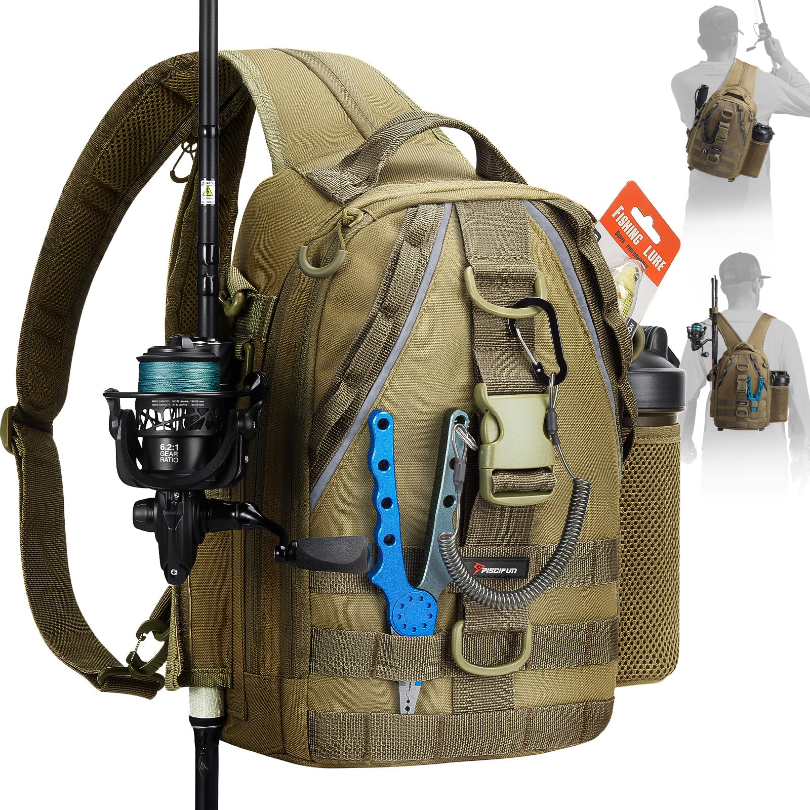 Piscifun Fishing Backpack, Rod Holders, Lightweight Sling Bag, Khaki