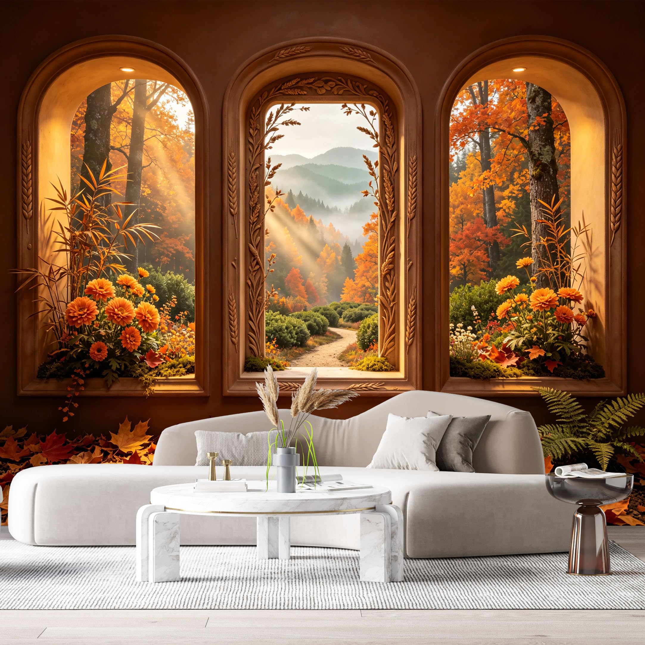 Custom Size Wall Murals 3D Trompe L'Oeil Autumn Forest Landscape Sun Rays Maple Leaves Window View SelfAdhesive Wall Fabric Removable Large Wallpaper for Photo Living Room