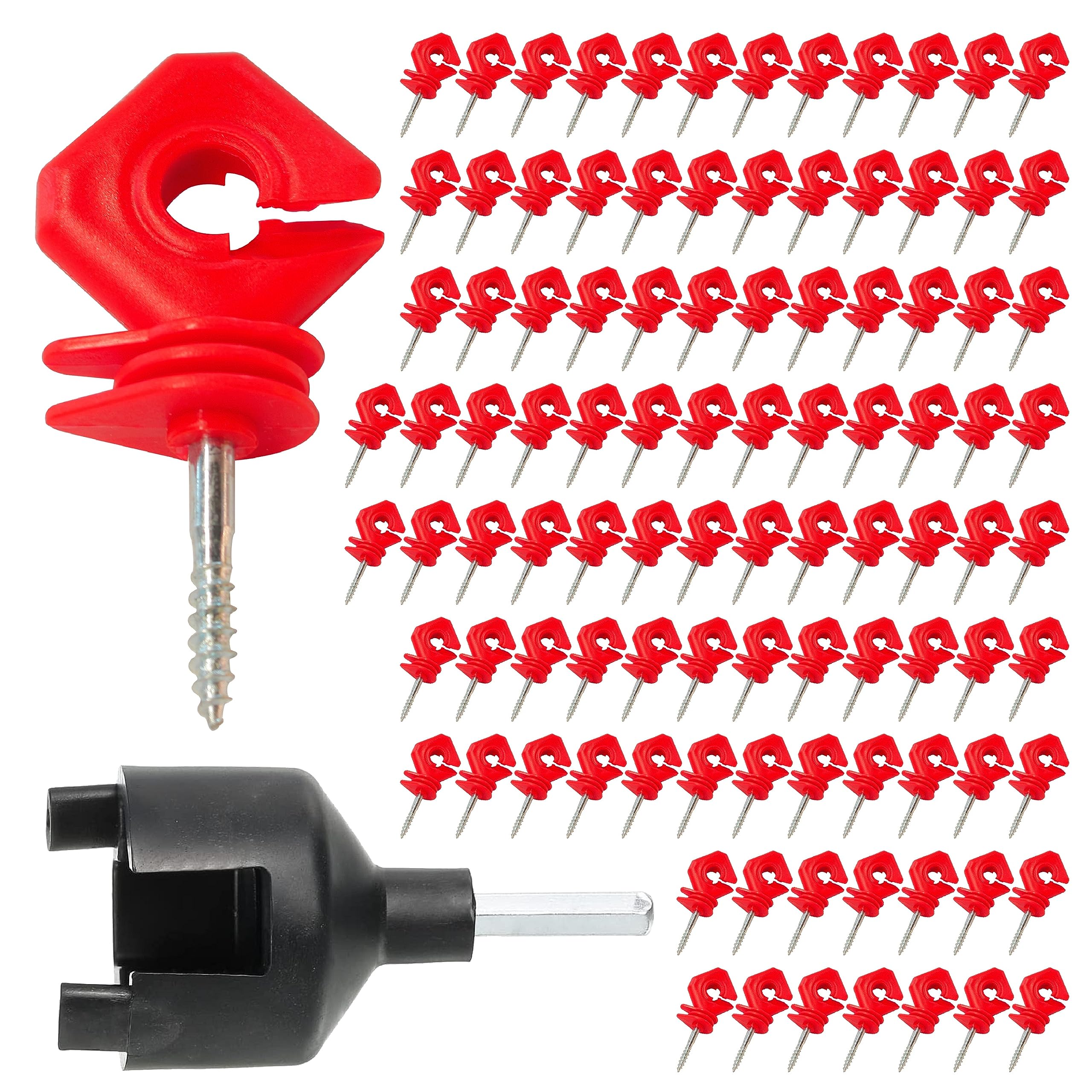 100 aisladores de rosca rojos para postes de madera de valla eléctrica y 1 herramienta de enchufe aislante gratis
