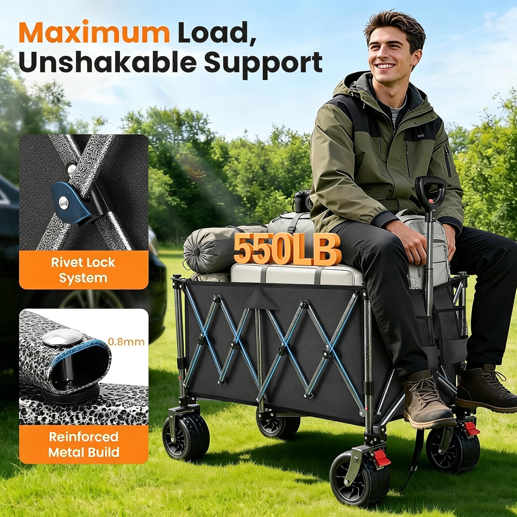 YEAUPE PRO Carrello pieghevole in 4 direzioni con apertura laterale, portata 185 l, 150 kg, pieghevole, con freno di stazionamento e manico regolabile in altezza, per spiaggia, campeggio, giardino