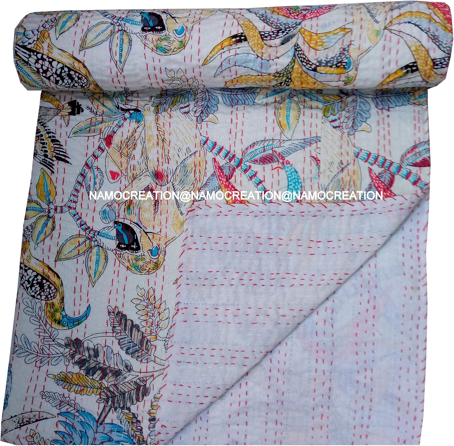 Monkey Animal Print Kantha Hippie Handmade Quilt Handblock Sofa Cover Bohemian Bedspread Reversible Throw Blanket California King/Queen/Twin (60X90 Inches)