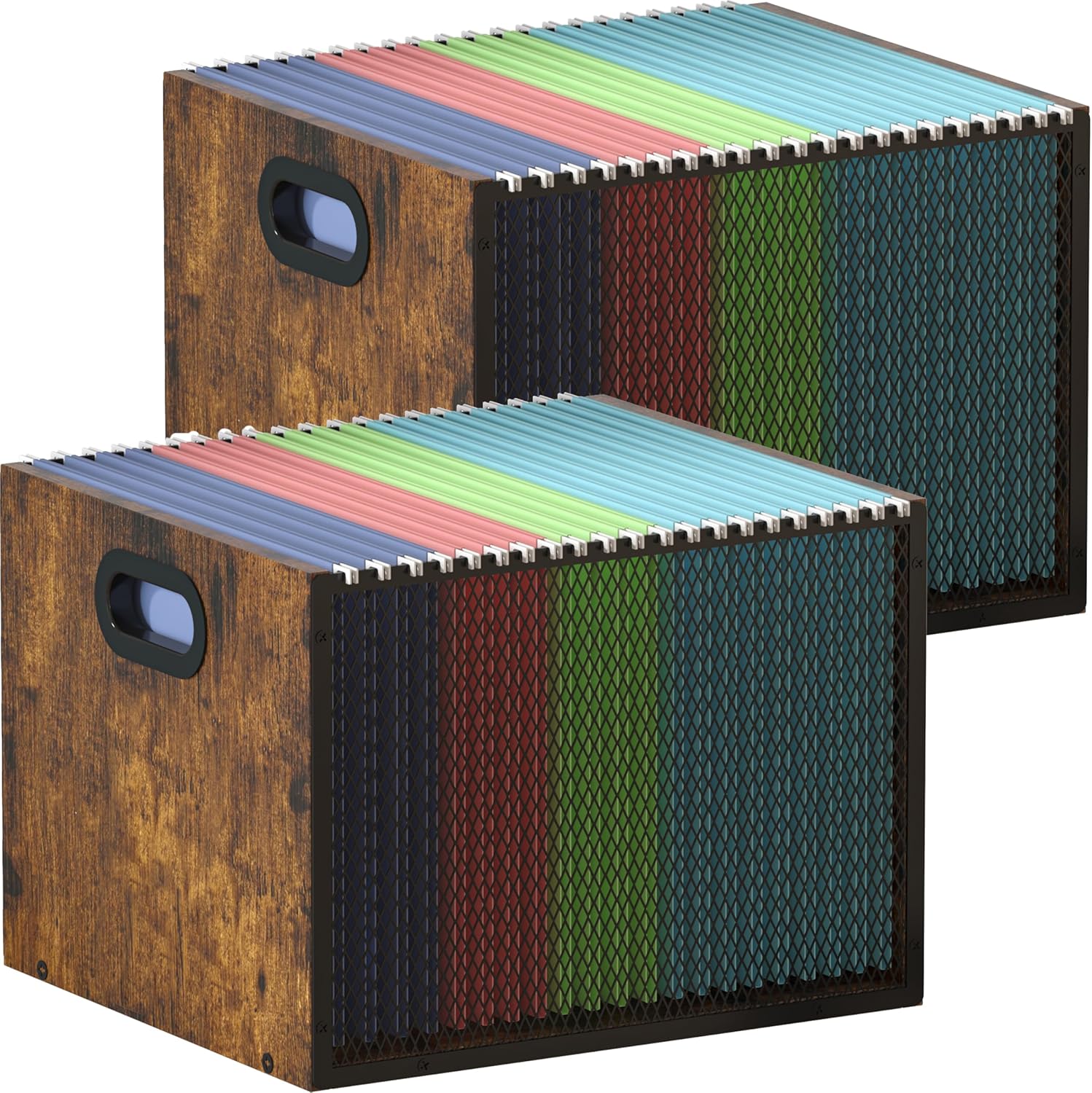 Piskyet 2Pcs Wooden Hanging File Organizer for desk, Metal Mesh File Folder Organizer Crate Cabinet Storage Box with Handle for Home Office Desk,Letter - Size,Rustic Brown
