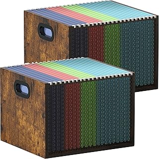 Piskyet 2Pcs Wooden Hanging File Organizer for desk, Metal Mesh File Folder Organizer Crate Cabinet Storage Box with Handle for Home Office Desk,Letter - Size,Rustic Brown