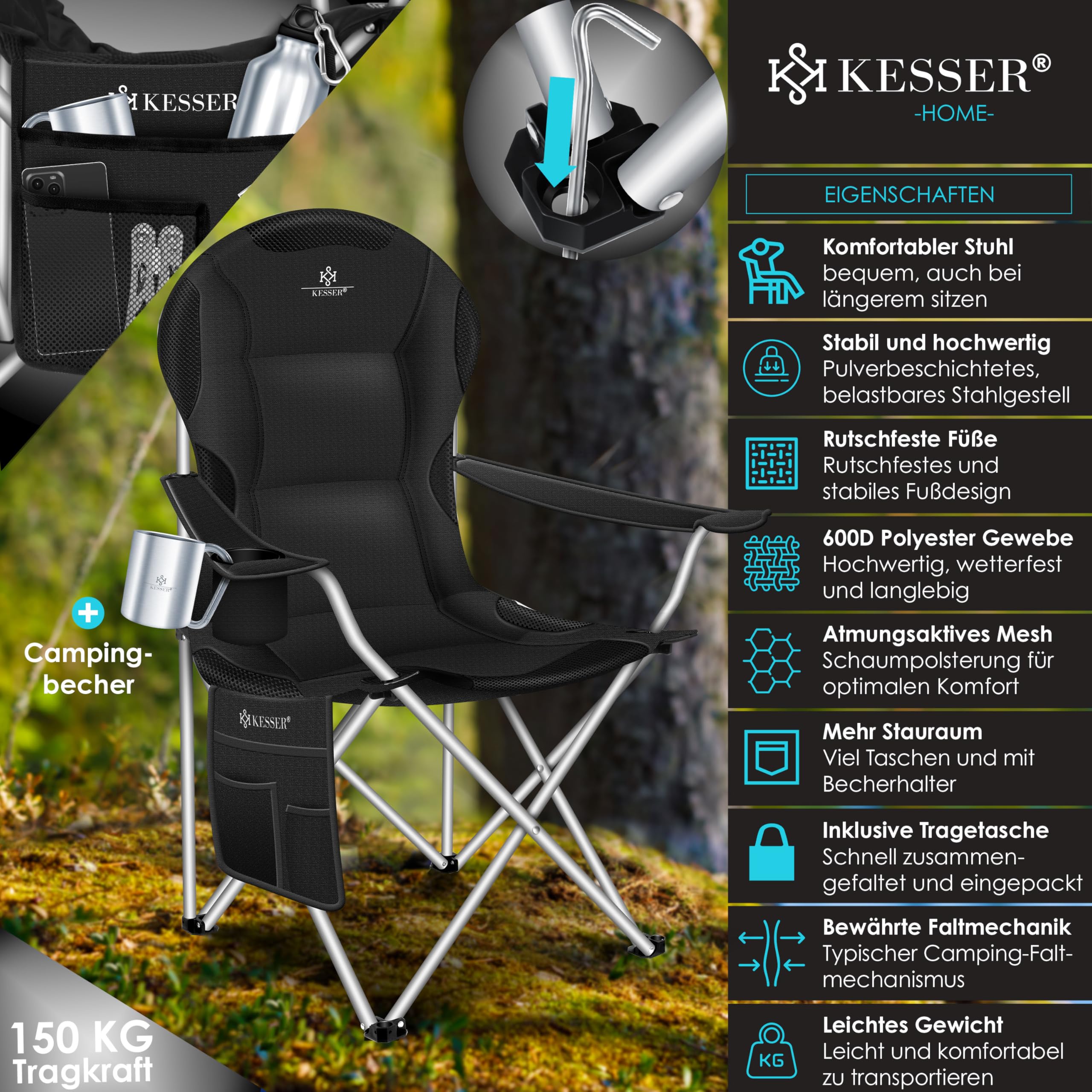 KESSER Sedia da campeggio pieghevole fino a 150 kg, sedia pieghevole imbottita con braccioli, schienale alto, sedia da spiaggia, sgabello pieghevole con luce da campeggio, porta bevande, borsa e tazza