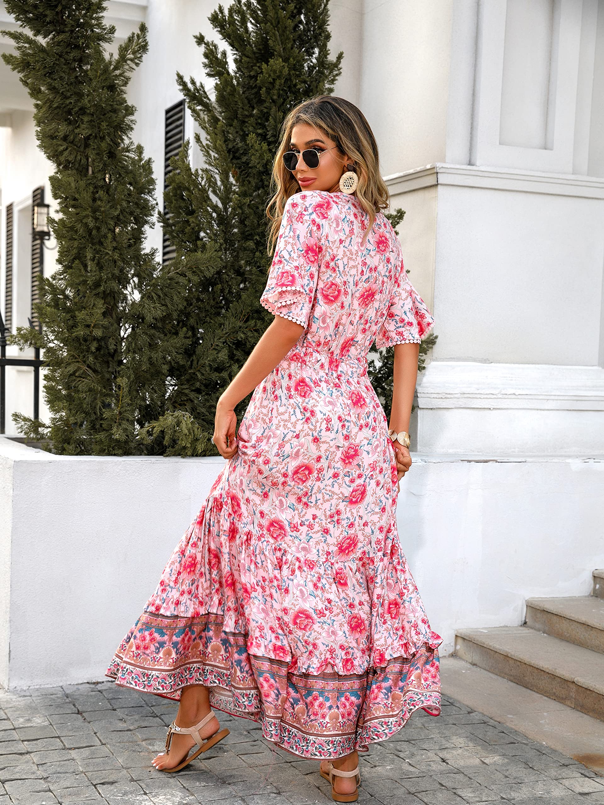 R.Vivimos Femmes D'été Cou en V Bouton à Manches Courtes Robe Bohème Fleur Longue Robe A Ligne Volants Longue Plage Robe