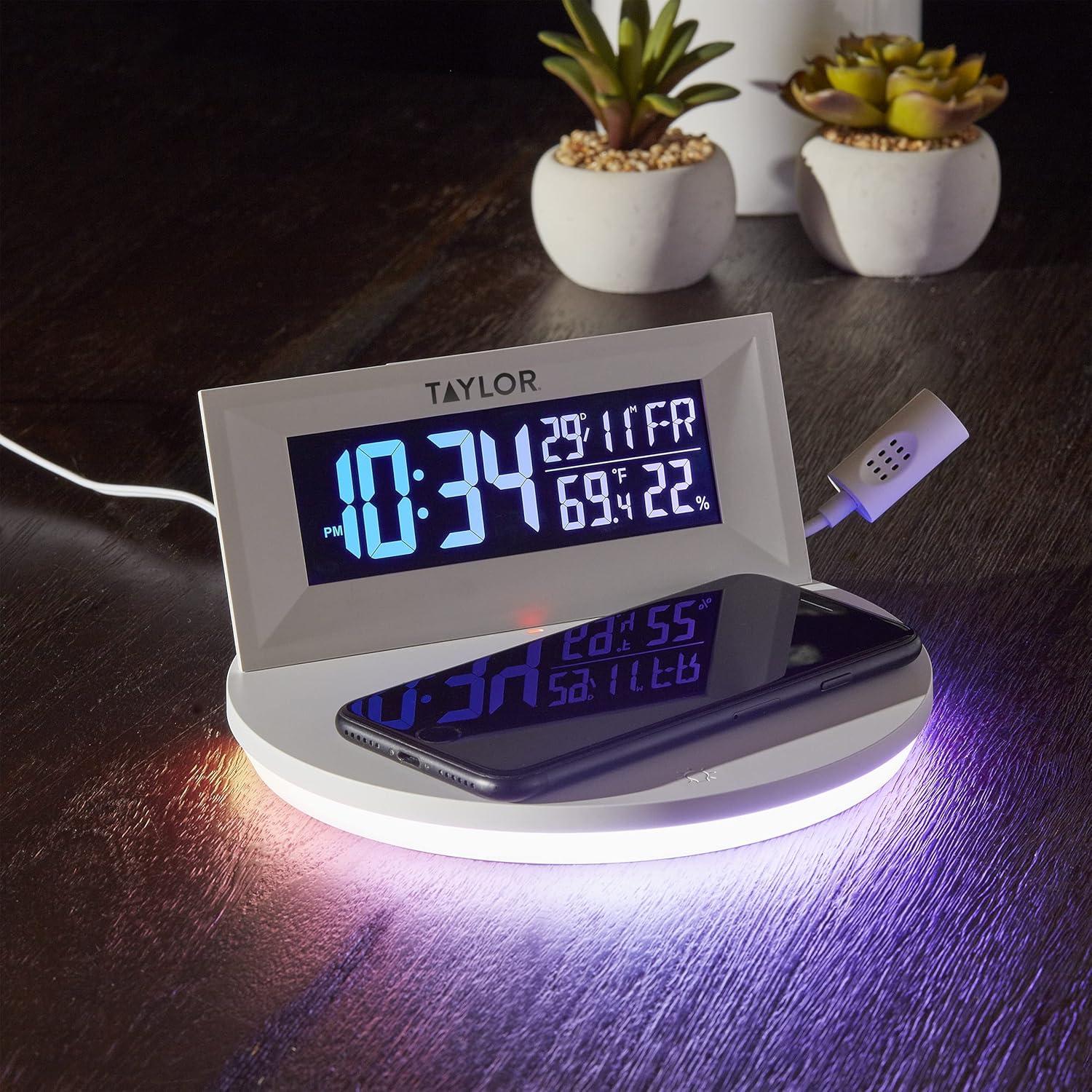 Taylor Digital Weather Station with Wireless Smart Device Charging, Indoor Temperature and Humidity, Clock with Alarm, Calendar, Changeable Glow Light, White