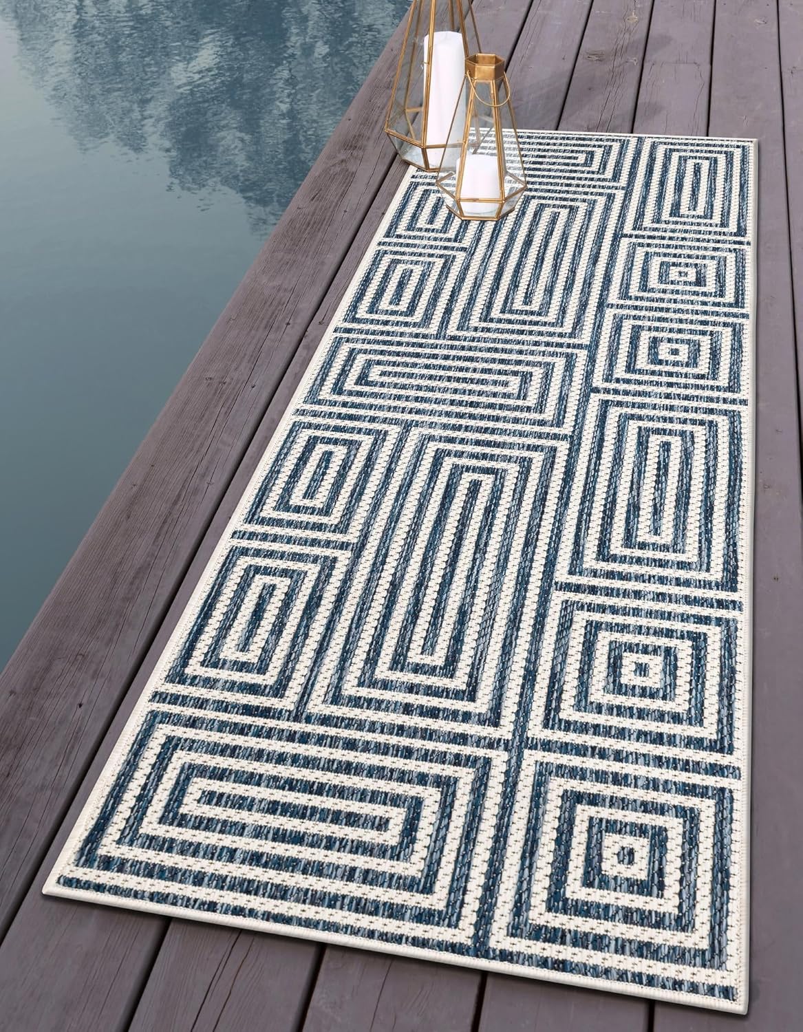Rugs.com Outdoor Modern Collection Rug – 5 Ft Runner Blue Flatweave-Pile Rug Perfect for Hallways, Entryways