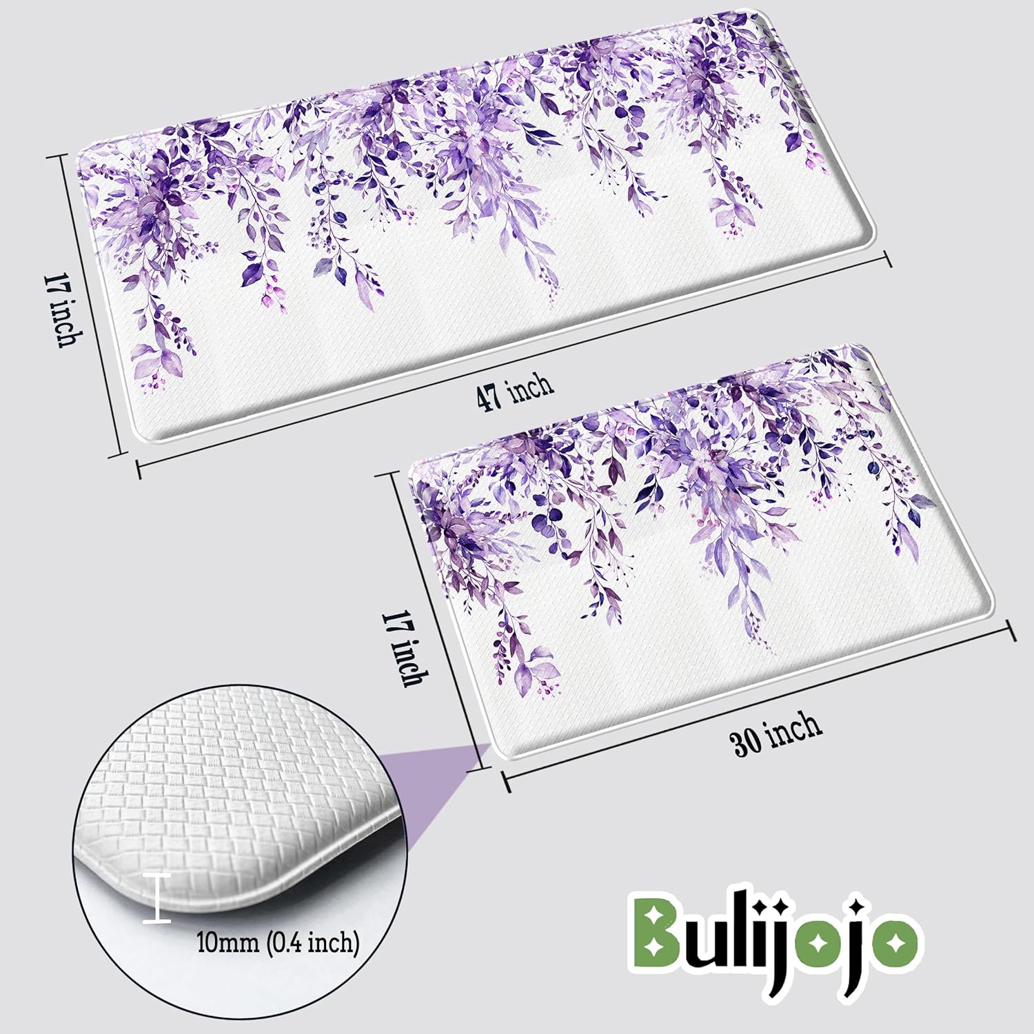 Bulijojo Purple Leaves Anti Fatigue Kitchen Floor Mats Set of 2 Waterproof Kitchen Sink Runner Rug Standing Mat Cushioned Kitchen Rugs Comfort Doormat 17"x47"+17" x30“