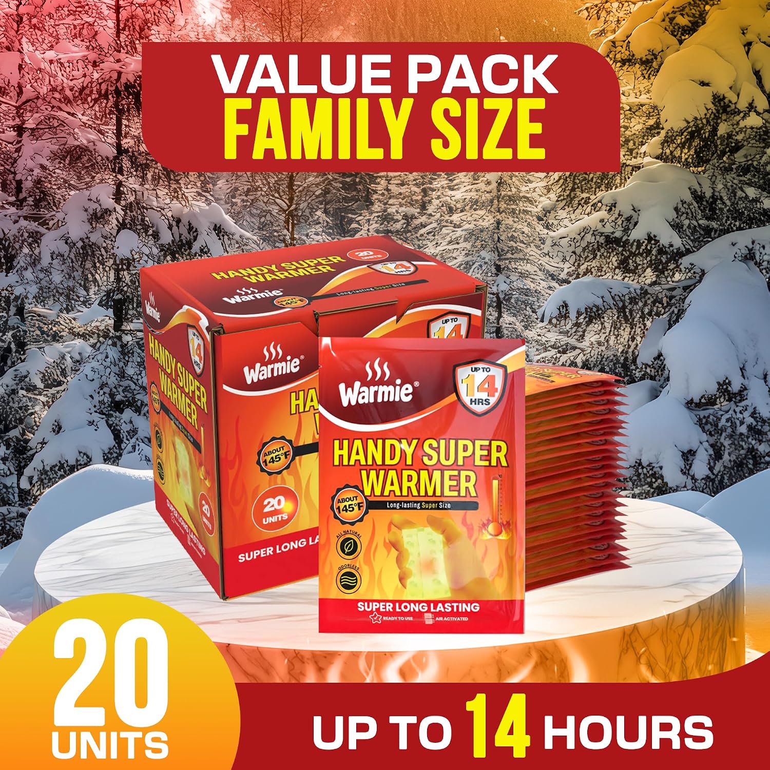 Warmie Super Warmer for Hand & Body | Air‑Activated, Long‑Lasting | Japan‑Sourced Pouch, Made in Korea | Bigger Size, Steady Heating, Odorless | Instant Natural Warmth for Cold Weather | 20 Pack