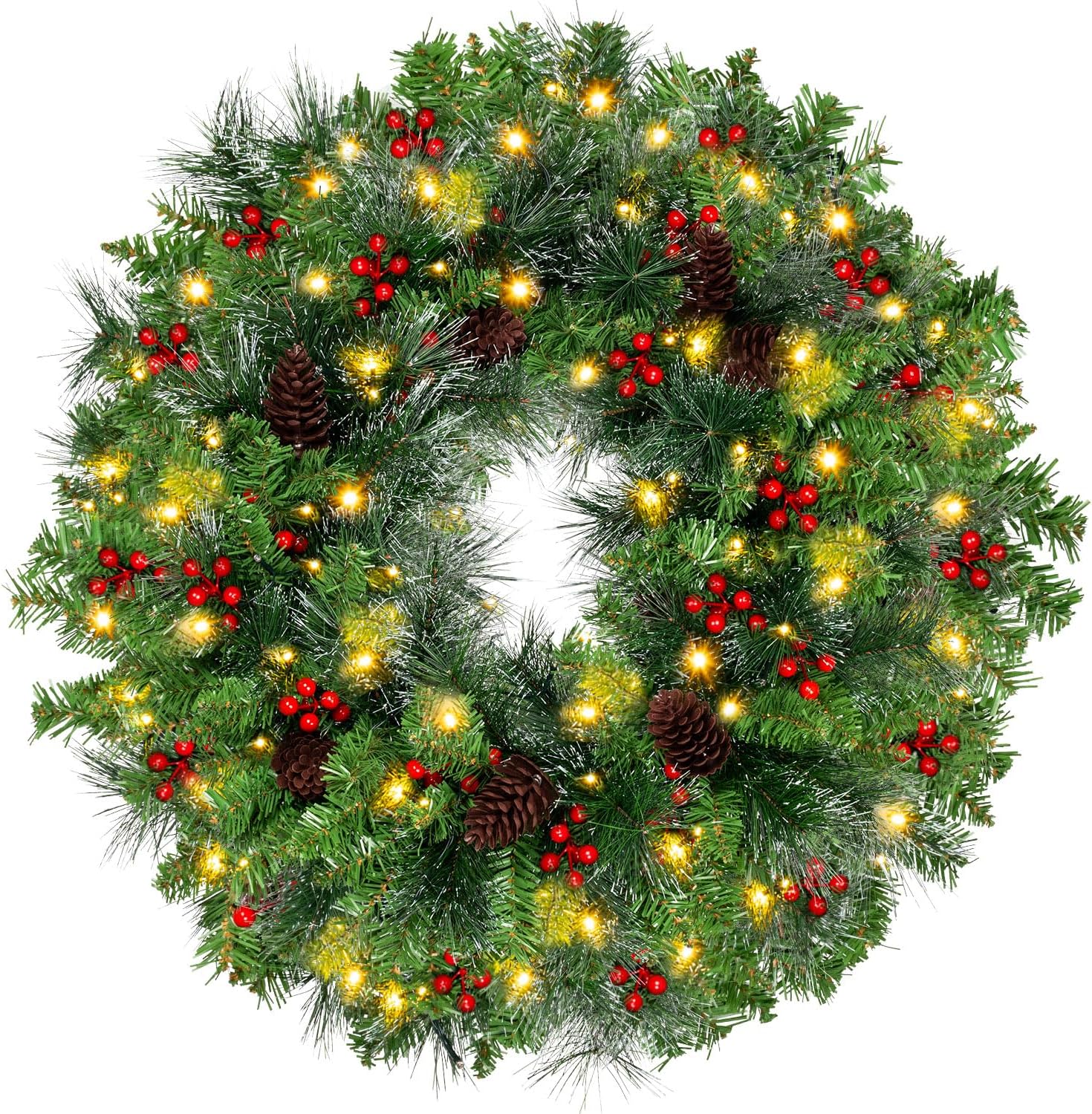 24 Inch Artificial Christmas Wreath with Red Berries,Pinecone,Pine Needles, 50 LED Lights with Timer,Battery Operated, Xmas Door Wreath for Indoor Outdoor Windows Wall Holiday Decor