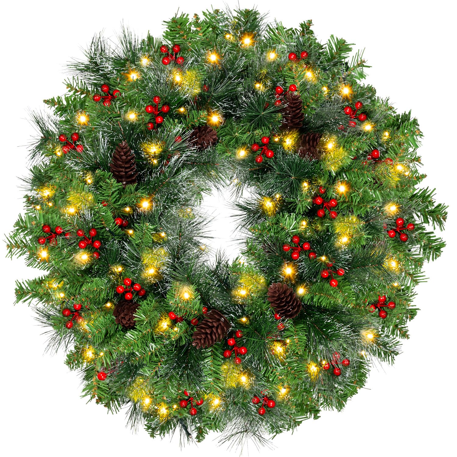 Photo 1 of 24 Inch Artificial Christmas Wreath with Red Berries,Pinecone,Pine Needles, 50 LED Lights with Timer,Battery Operated, Xmas Door Wreath for Indoor Outdoor Windows Wall Holiday Decor