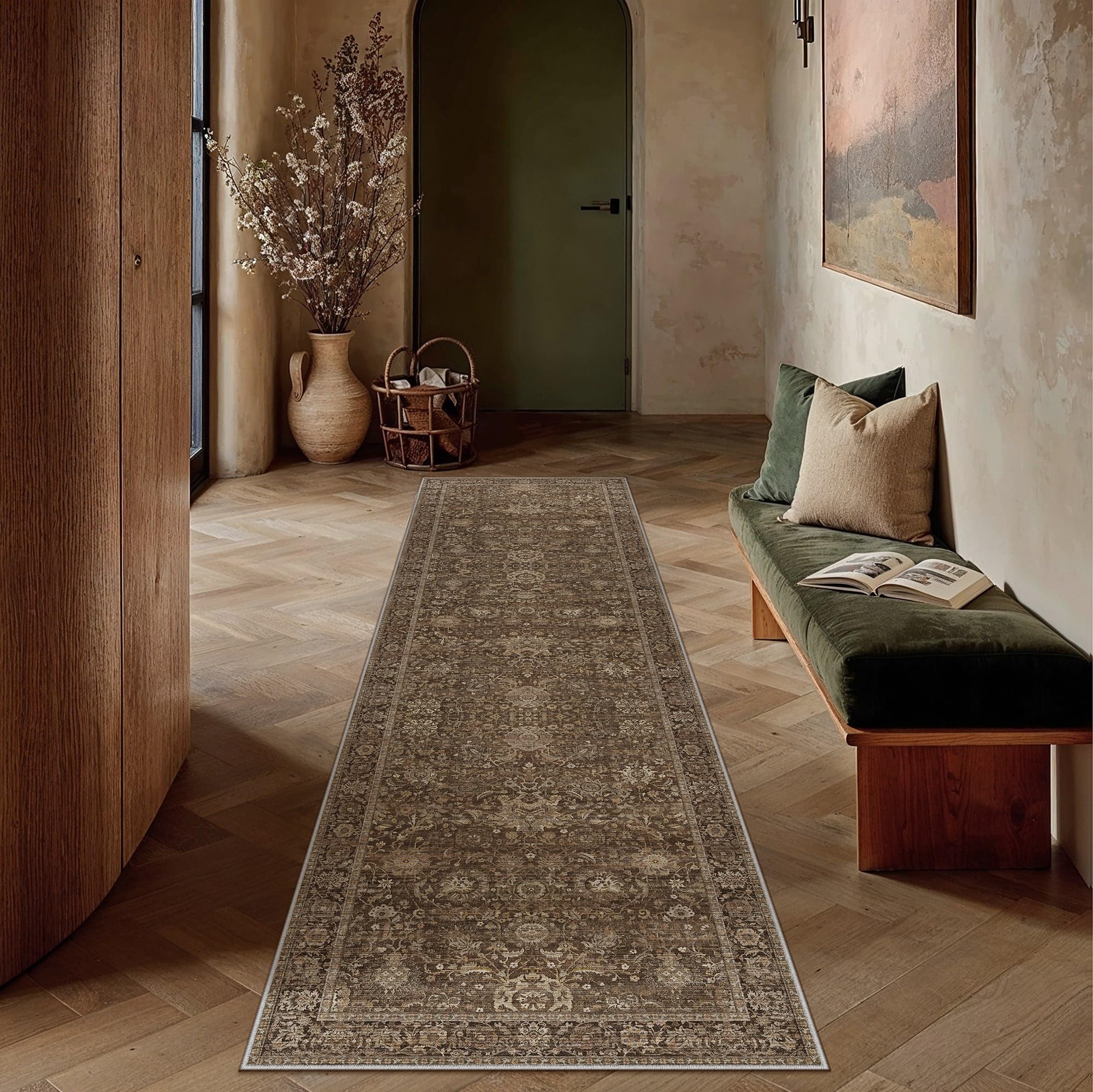 HUGEAR Hallway Runner Rugs 2x8 Vintage Brown Machine Washable Retro Distressed Non Slip Stain Resistant Neutral Low Pile Throw Carpet for Bedroom Kitchen Aesthetic Decor