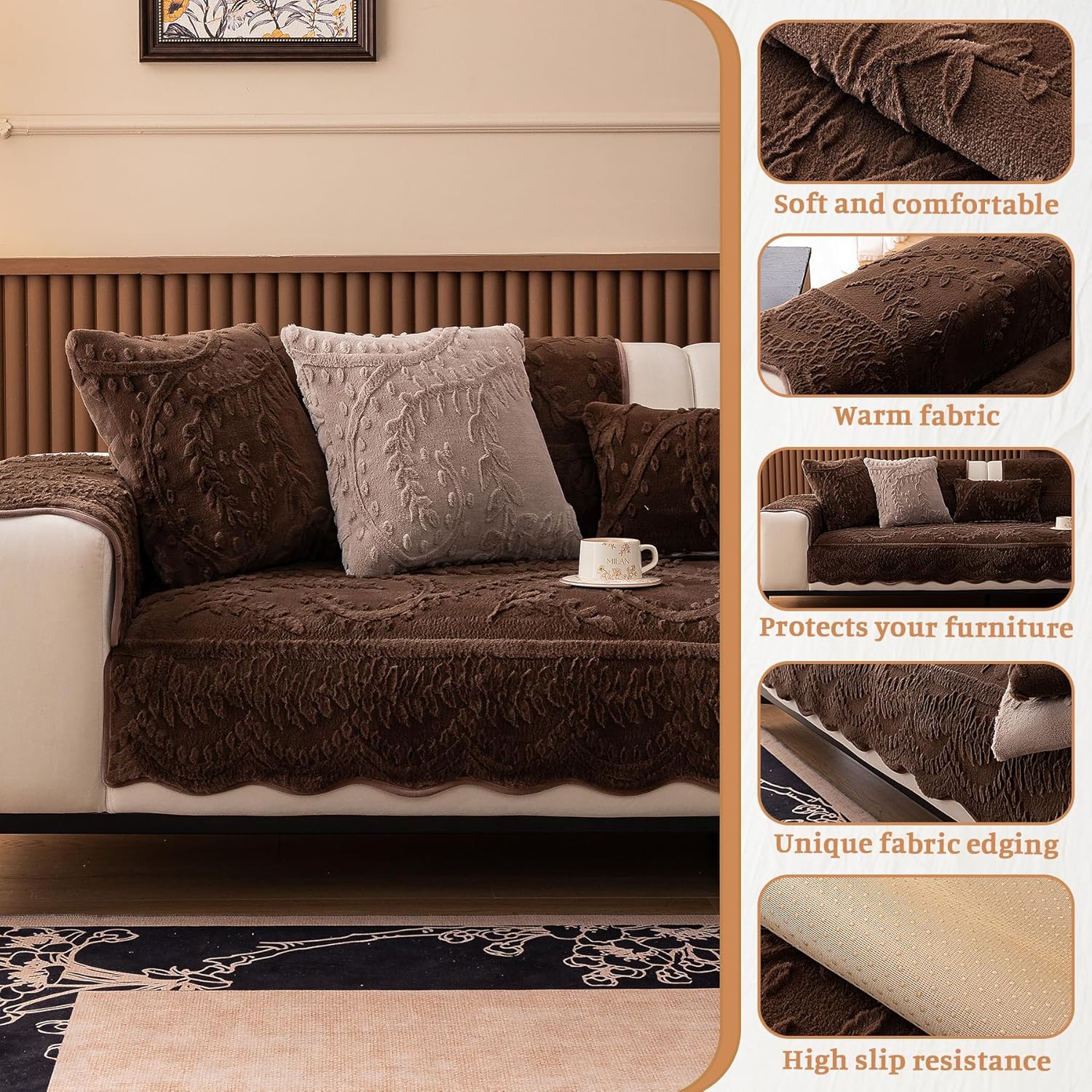 Faux Fur Couch Cover for Sofa, Soft Warm Plush Sofa Couch Cover, Non Slip Sectional Slipcovers for L Shaped & 3 Cushion Couch, Washable Furniture Protector for Kids & Dogs Only 1PC