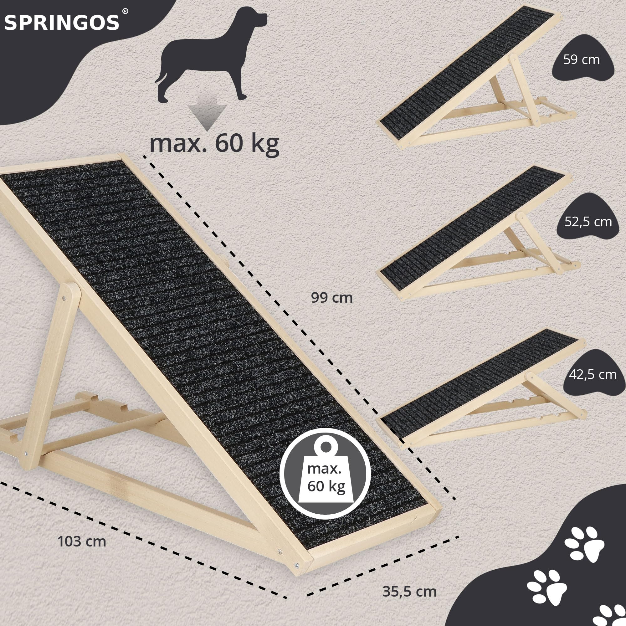SPRINGOS Rampe pour chien, réglable, 42,5 à 59 cm, pour lit ou canapé, pliable, en bois, pour animaux de compagnie, avec insert antidérapant