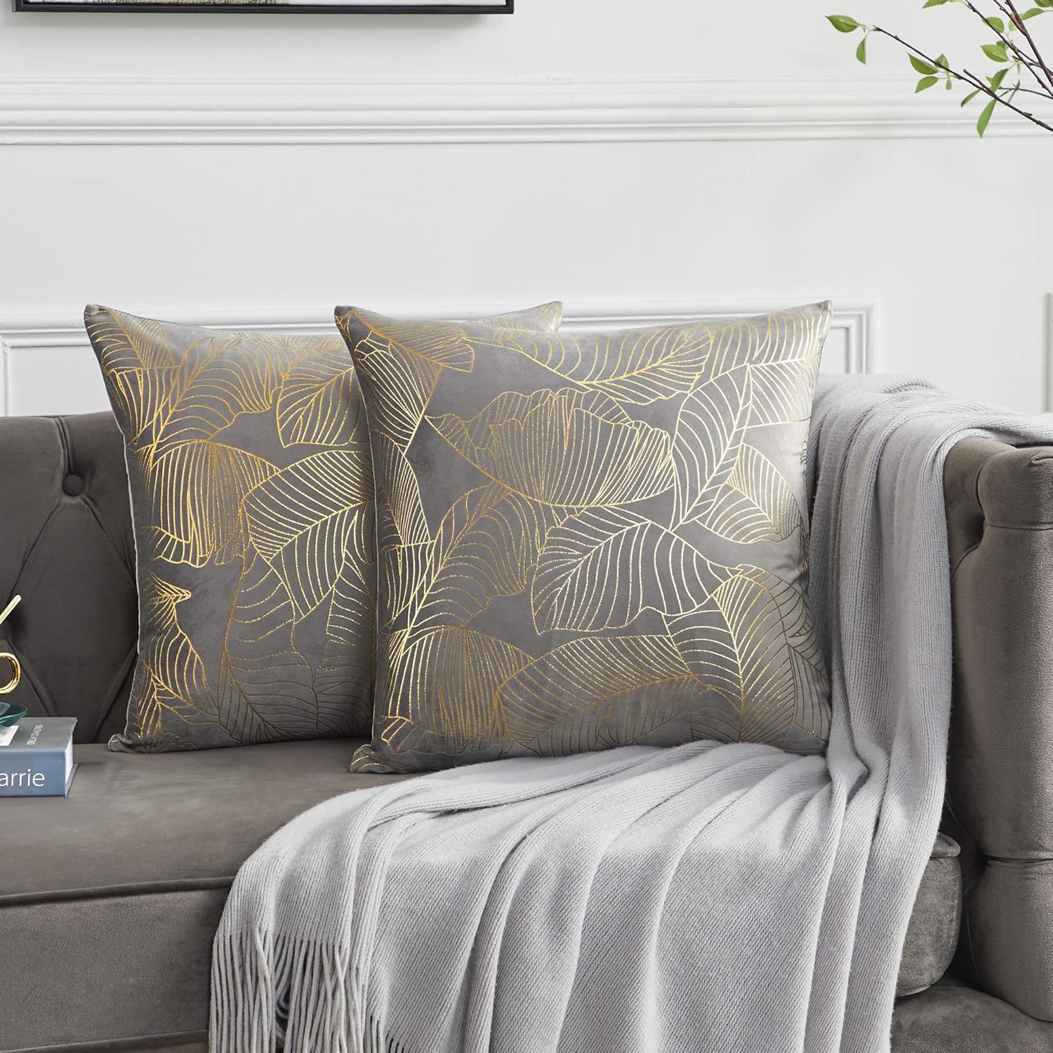 OMMATO Grey Velvet Cushion Covers 60cm x 60cm Square Gold Leaves