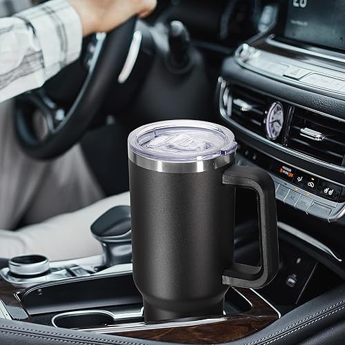 Miniatura 5 de DOMICARE Vaso de 40 oz con asa y pajita, vaso de acero inoxidable con tapa y pajita, reutilizable, aislado al vacío, taza para café de viaje, color