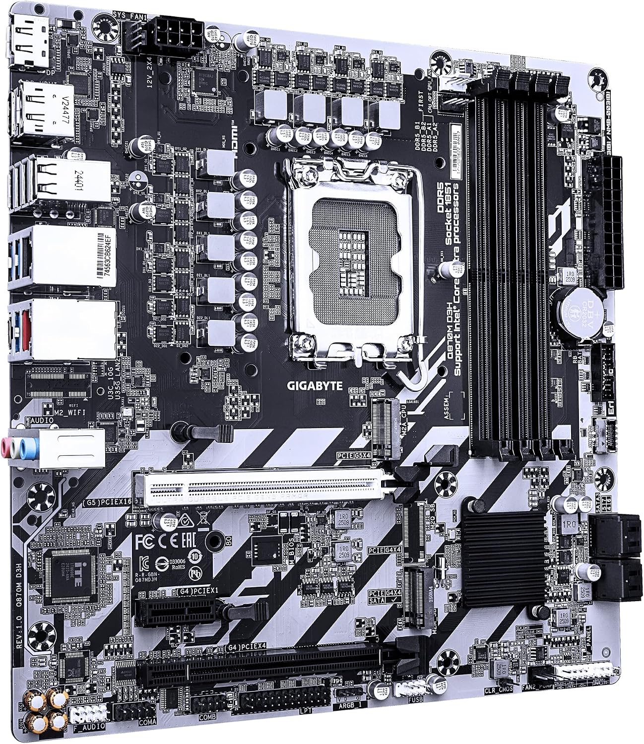 GIGABYTE Q870M D3H Motherboard - Intel Core Ultra (Series 2) CPUs, 4+1+2 Phase VRM, up to 9066MHz DDR5 (O.C), 2xPCIe 4.0 M.2, 1GbE LAN, USB 3.2 Gen 2