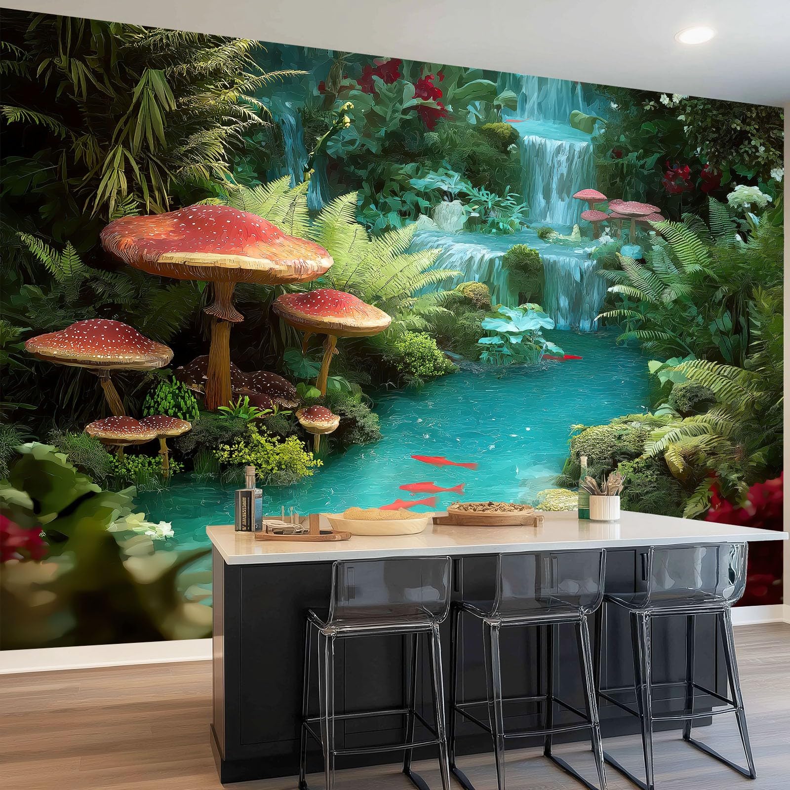 Générique Tajemnica Panoramiczna tapeta - wzór paproci ogród tapeta plakat fototapeta z włókniny 350 x 256 cm, ciemnozielona fototapeta fresk do salonu sypialnia kuchnia tło telewizora
