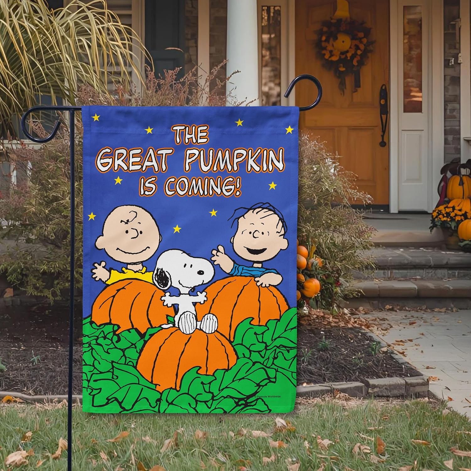 Flagology, PEANUTS Great Pumpkin is Coming Garden Flag 12" x 18", Outdoor Flag, Exclusive Premium Fabric, Officially Licensed PEANUTS, Fall, Halloween