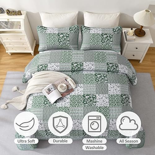 Miniatura 3 de Mybedsoul Juego de Edredón Boho King Verde Salvia, Juego de Ropa de Cama Floral a Cuadros Suave Reversible de 3 Piezas con 2 Fundas de Almohada -
