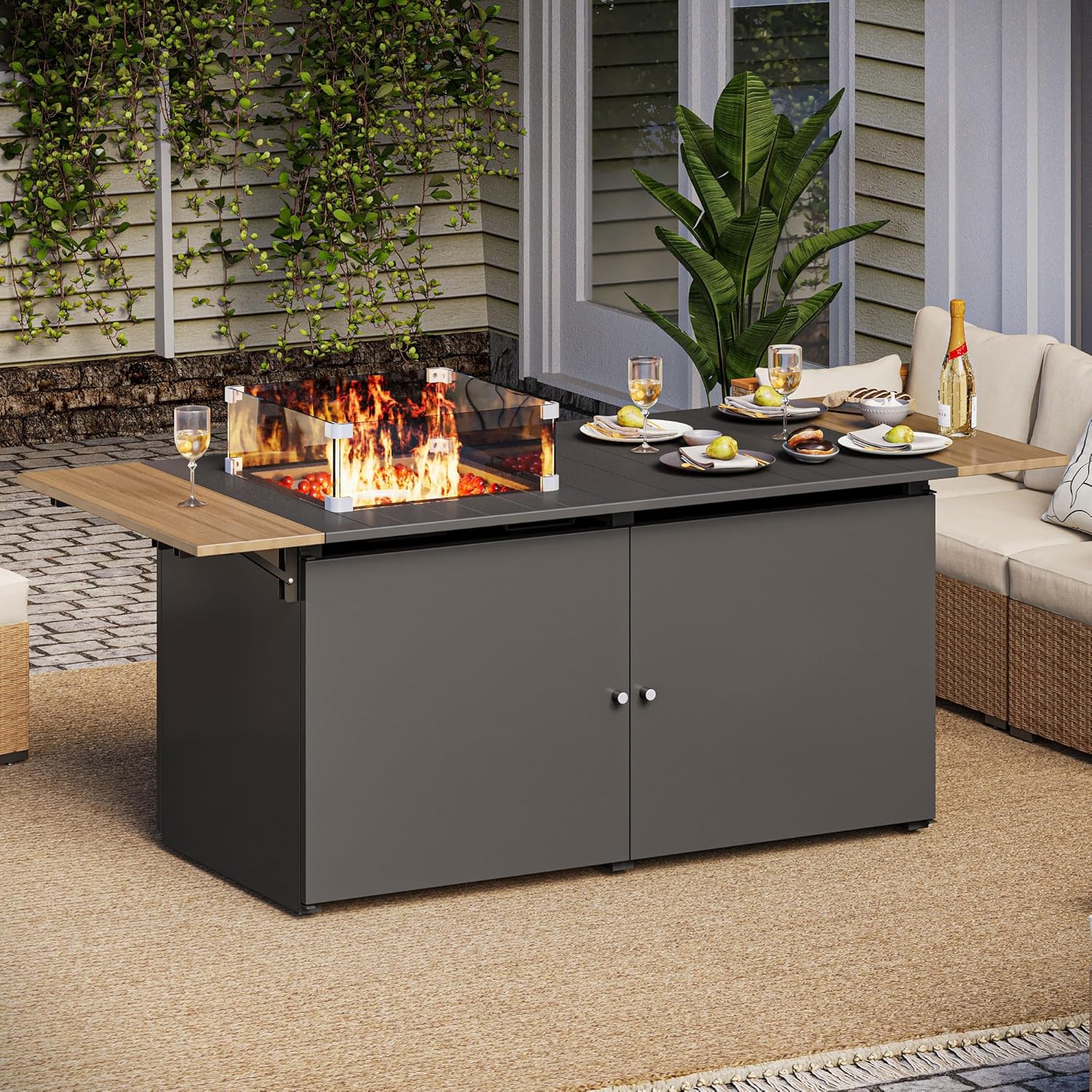 LAUSAINT HOME 64" Propane Fire Pit Table with Expandable Tabletop for Outdoor Patio Deck, 55,000 BTU Firepit with Wind Guard - Grey