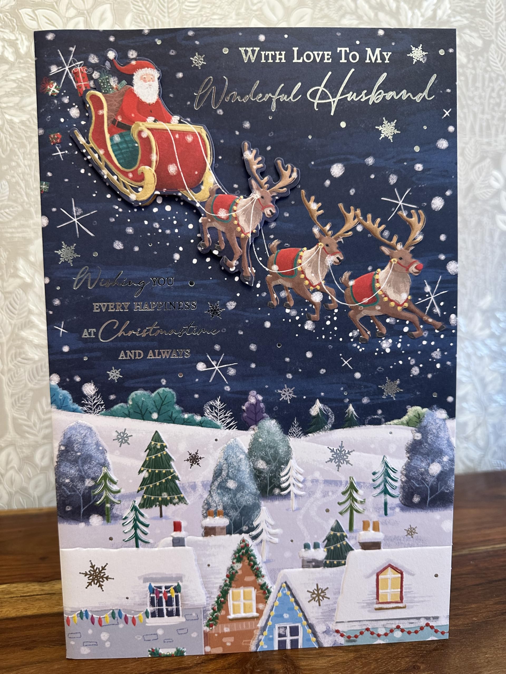 Luxury Christmas Card for Husband, 30x20cm Large Format, Santa's Sleigh Design, 8-Page Insert with Romantic Message, Winter Holiday Scene
