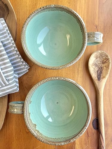 Miniatura 8 de Farmhouse Style Soup Bowls with Handles Set of 2 Deep Large - Hanging Kitchen Chowder Mugs - Handmade Pottery Decor (Variegated Blue)