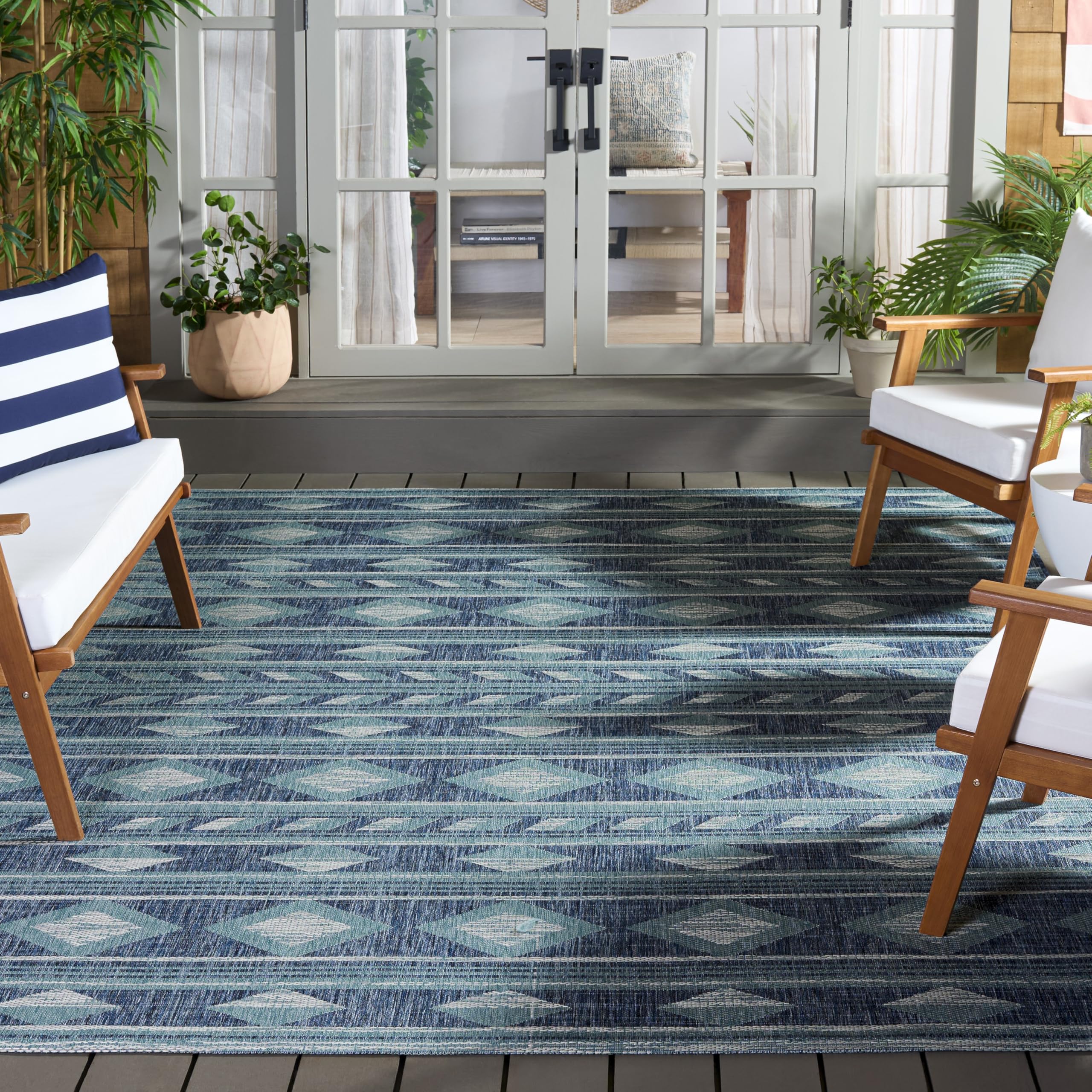 SAFAVIEH Washable Rug Outdoor Courtyard Collection - 9' x 12', Navy & Aqua Blue, Non-Shedding & Easy Cleaning, Ideal for Patio, Backyard, Mudroom (