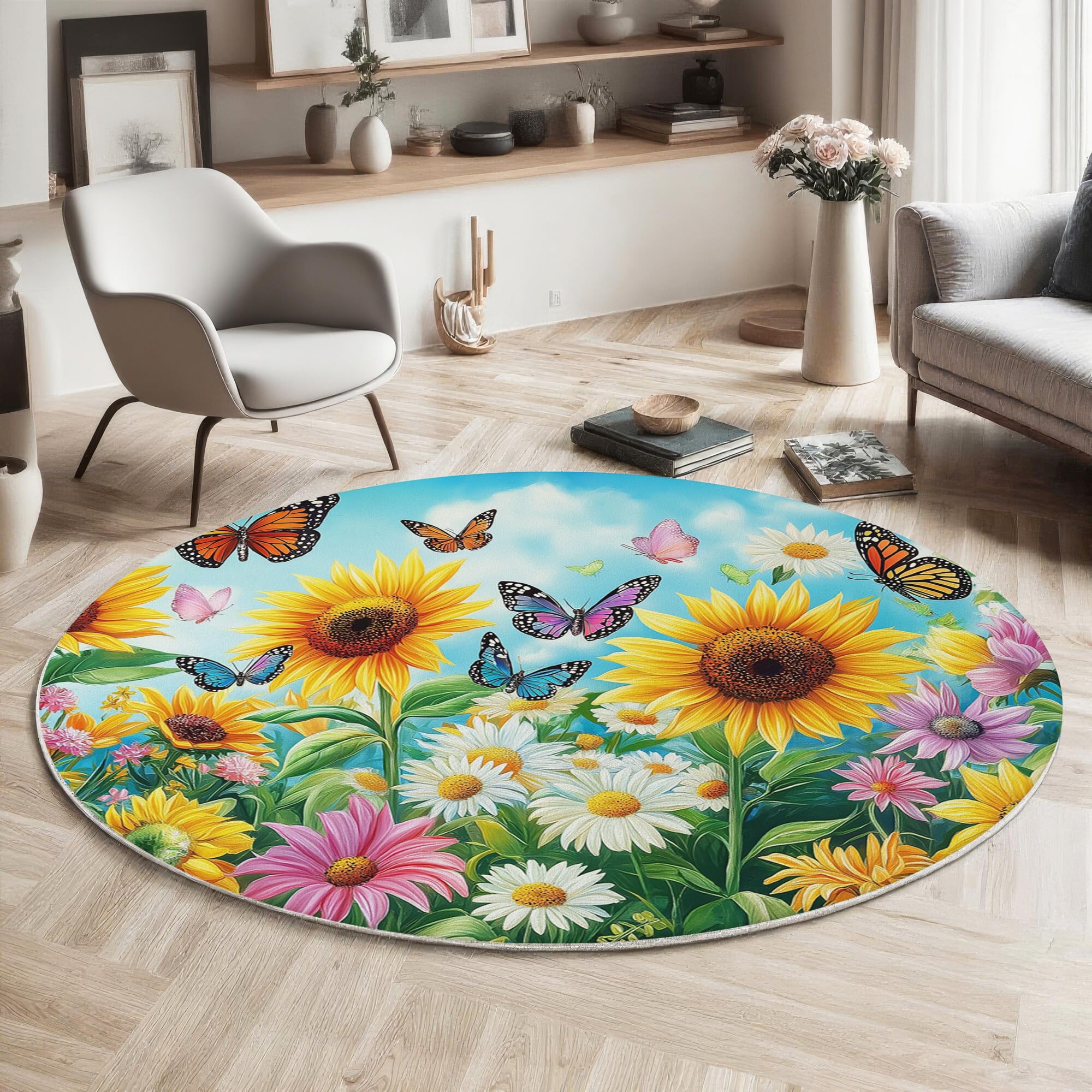 Moquette de sol moelleuse ronde jaune au design de jardin d'été