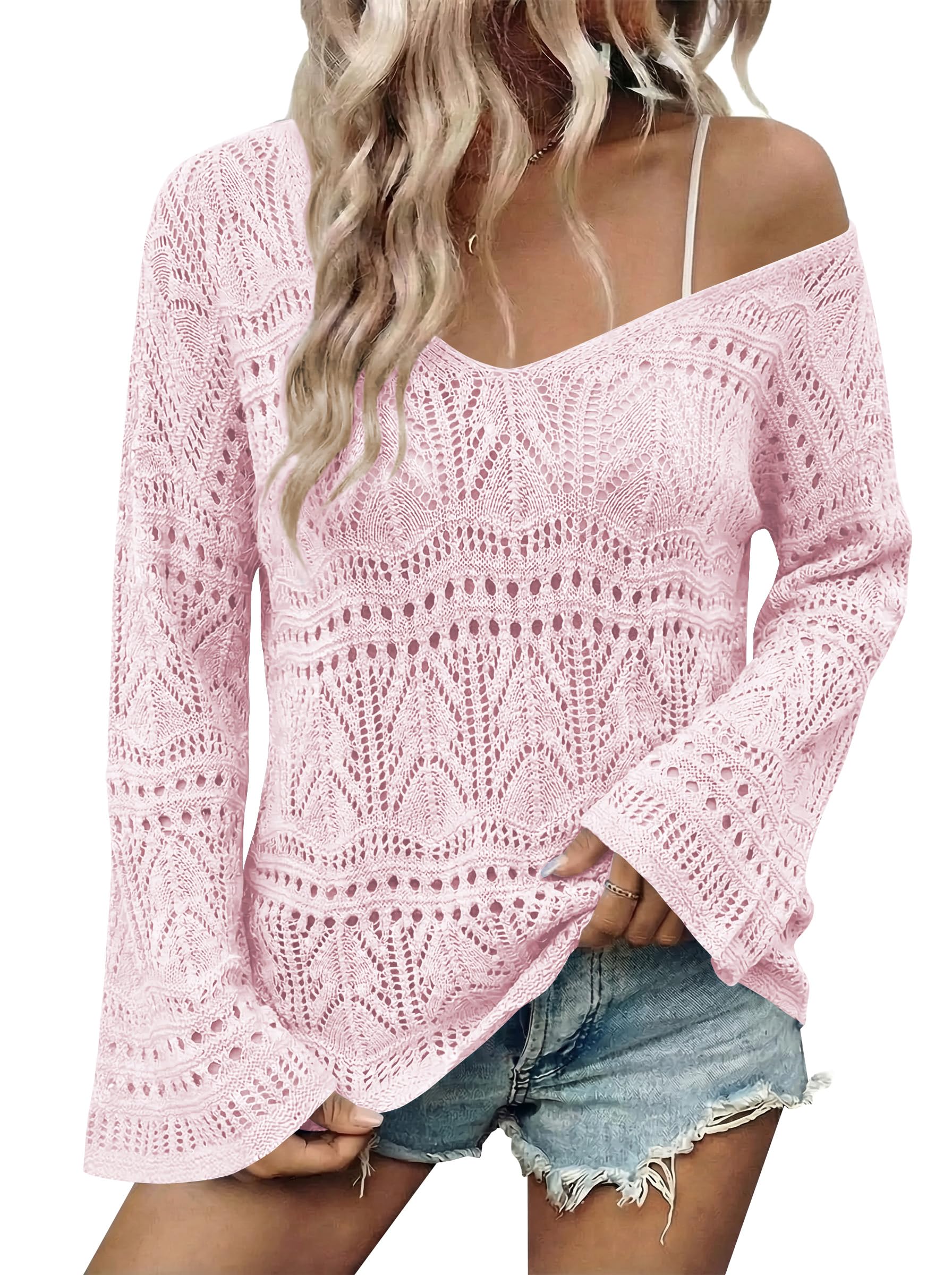 Cakulo Womens Summer Crochet Tops Boho Off Shoulder Sweaters Lightweight V Neck Loose Vacation Resort Wear 2026