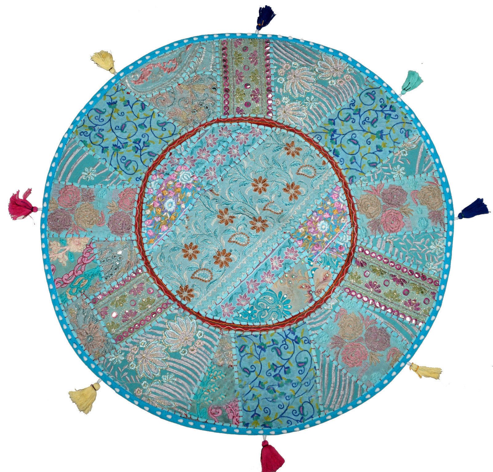 Sophia Art Round Floor Pillow Cushion Bohemian Patchwork Pouf Ottoman Vintage Indian Foot Stool Bean Bag Floor Pillow Cover Home Decor, Living Room Ottoman, Bohemain Pillows 18 Inch (Sky Blue)