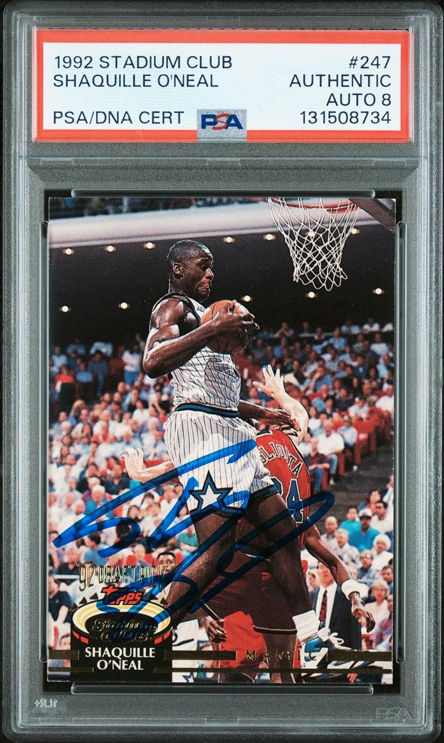 Graded 1992-93 Stadium Club Shaquille O'Neal #247 Rookie RC Basketball Card PSA 8 Auto Grade Near Mint