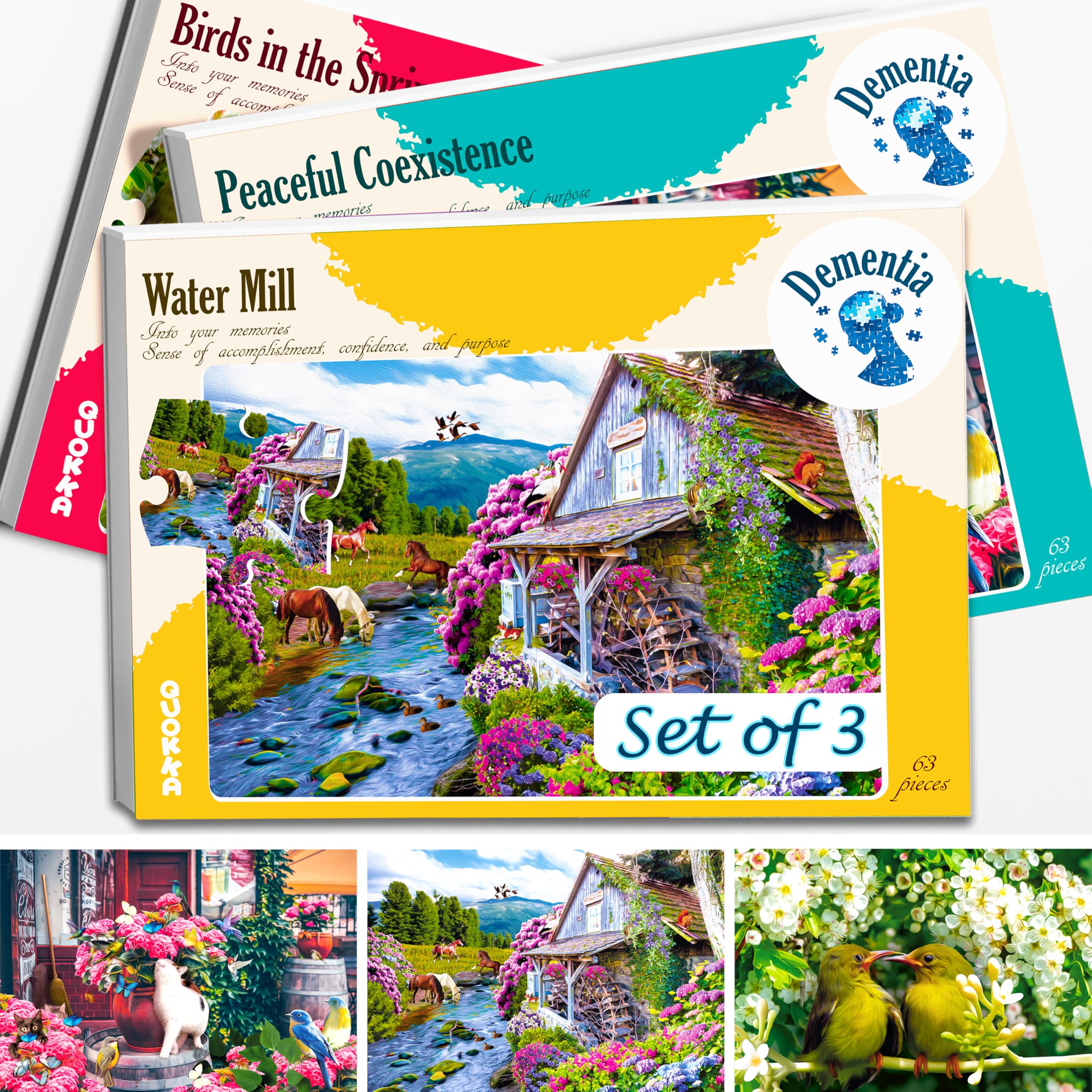 QUOKKA Dementia Puzzles for Elderly - Water Mill Birds Horses 63 Pieces - Large Piece Jigsaw Puzzle - Alzheimers Products for Men and Women - Gifts Games for Seniors