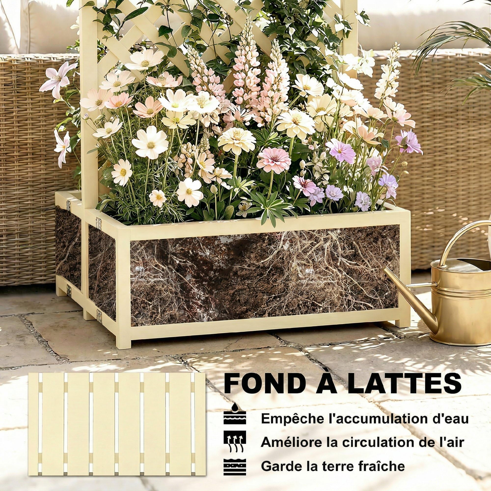 Outsunny Jardinière avec Treillis en Bois Massif - Carré Potager Pliable avec Double Bac à Fleurs - Lit de Jardin 170cm de Haut pour Plantes Grimpantes sur Balcon, Terrasse Brise-Vue, Naturel