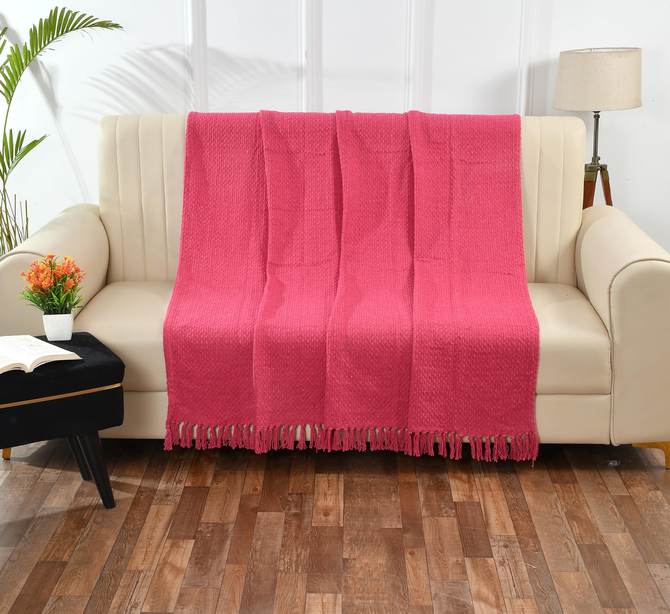 SASHAA World Vibrant Pink Cotton Throw | Ideal for Your Home, Living Room, Sofa, Bed, Chair, Picnic & Used for Gift | 130X180 cm| TC - 125