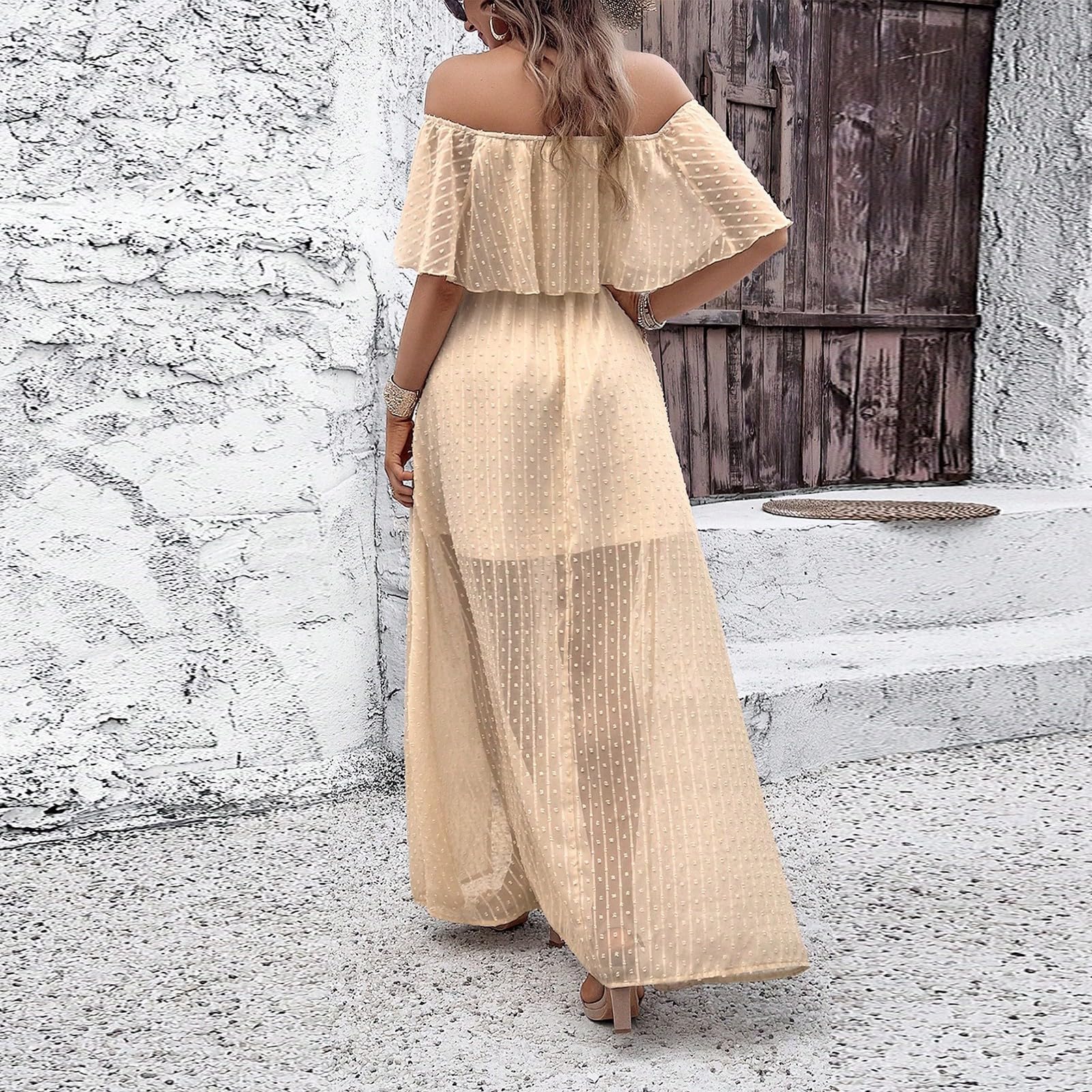 Schulterfreies Kleid Damen Sommer Elegant Sommerkleid Lang A-Linien Maxikleider Mit Schlitz Sommerkleider Leicht Und Luftig Boho Kleider Maxi Mit Gürtel Strandkleid Off Shoulder Mit Ärmeln